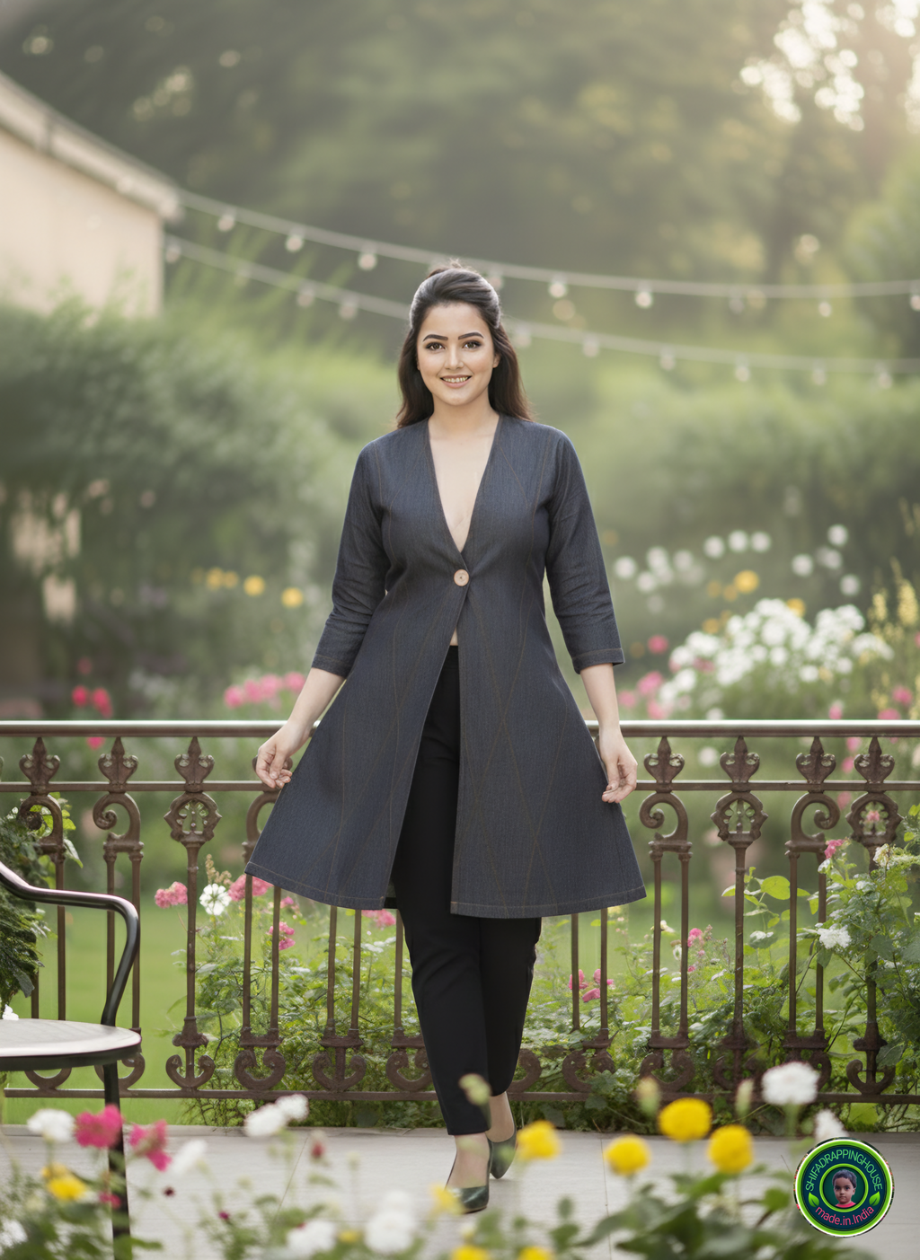 Luxury Black & Grey Denim Jacket-Style Midi with Diagonal Pintuck Detail