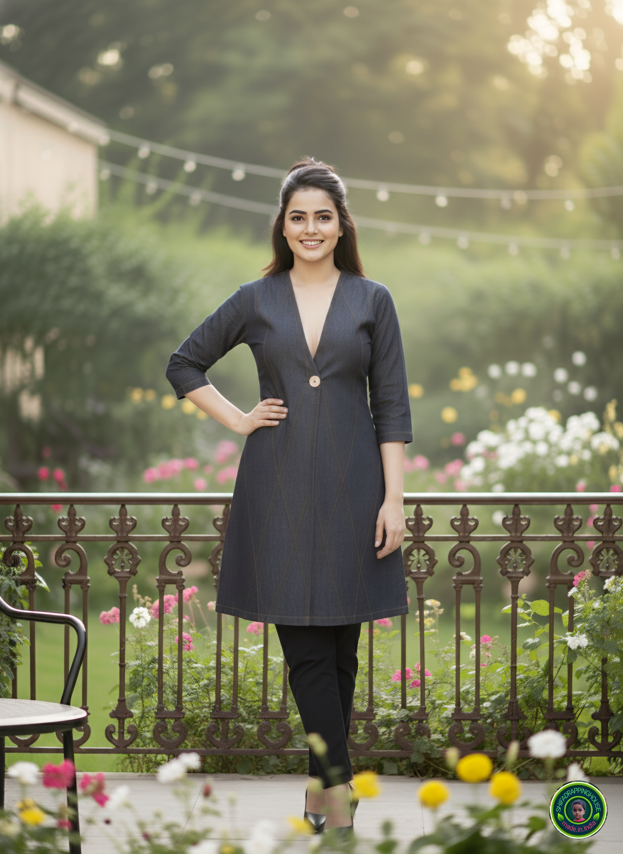 Luxury Black & Grey Denim Jacket-Style Midi with Diagonal Pintuck Detail