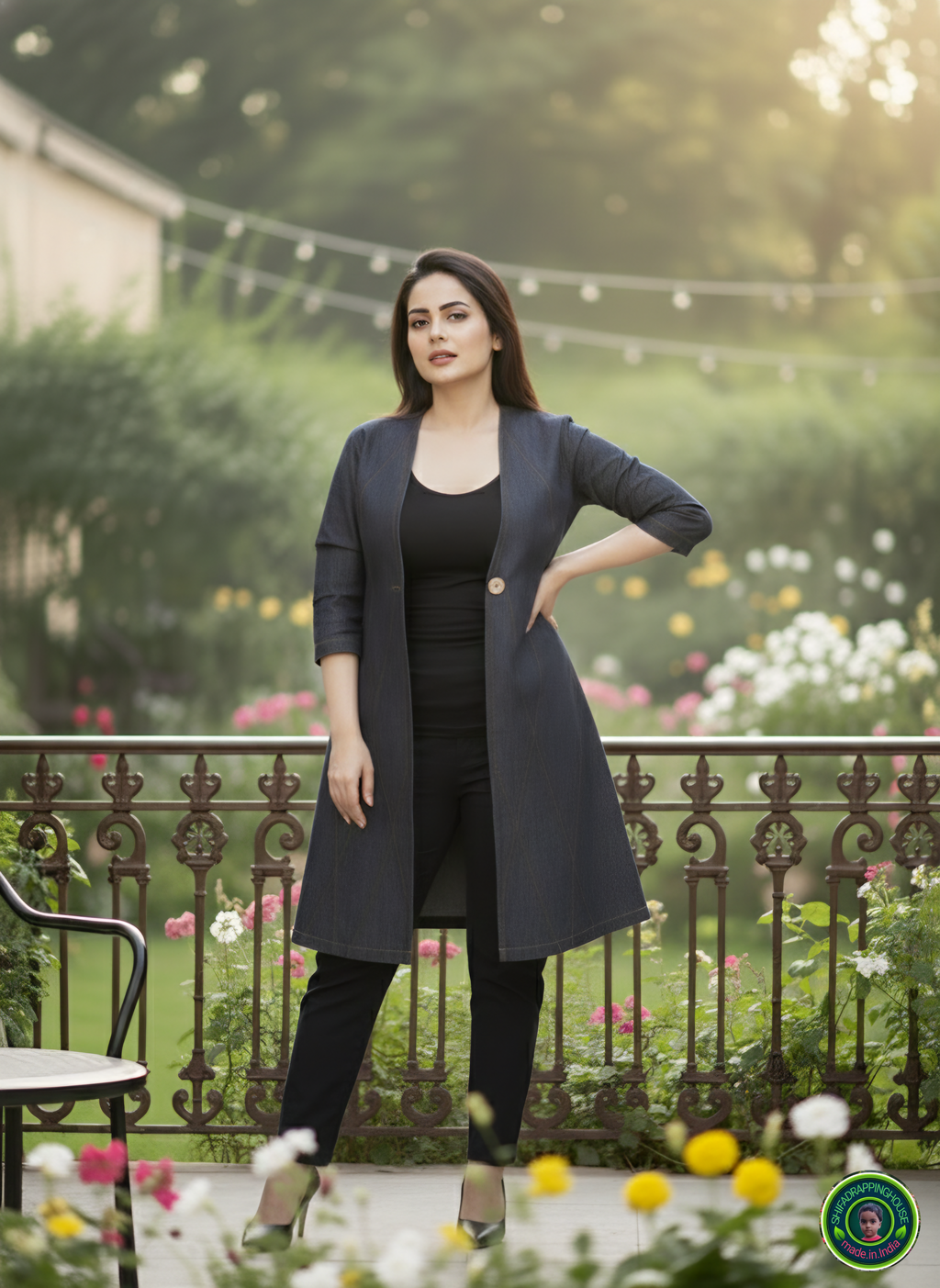 Luxury Black & Grey Denim Jacket-Style Midi with Diagonal Pintuck Detail