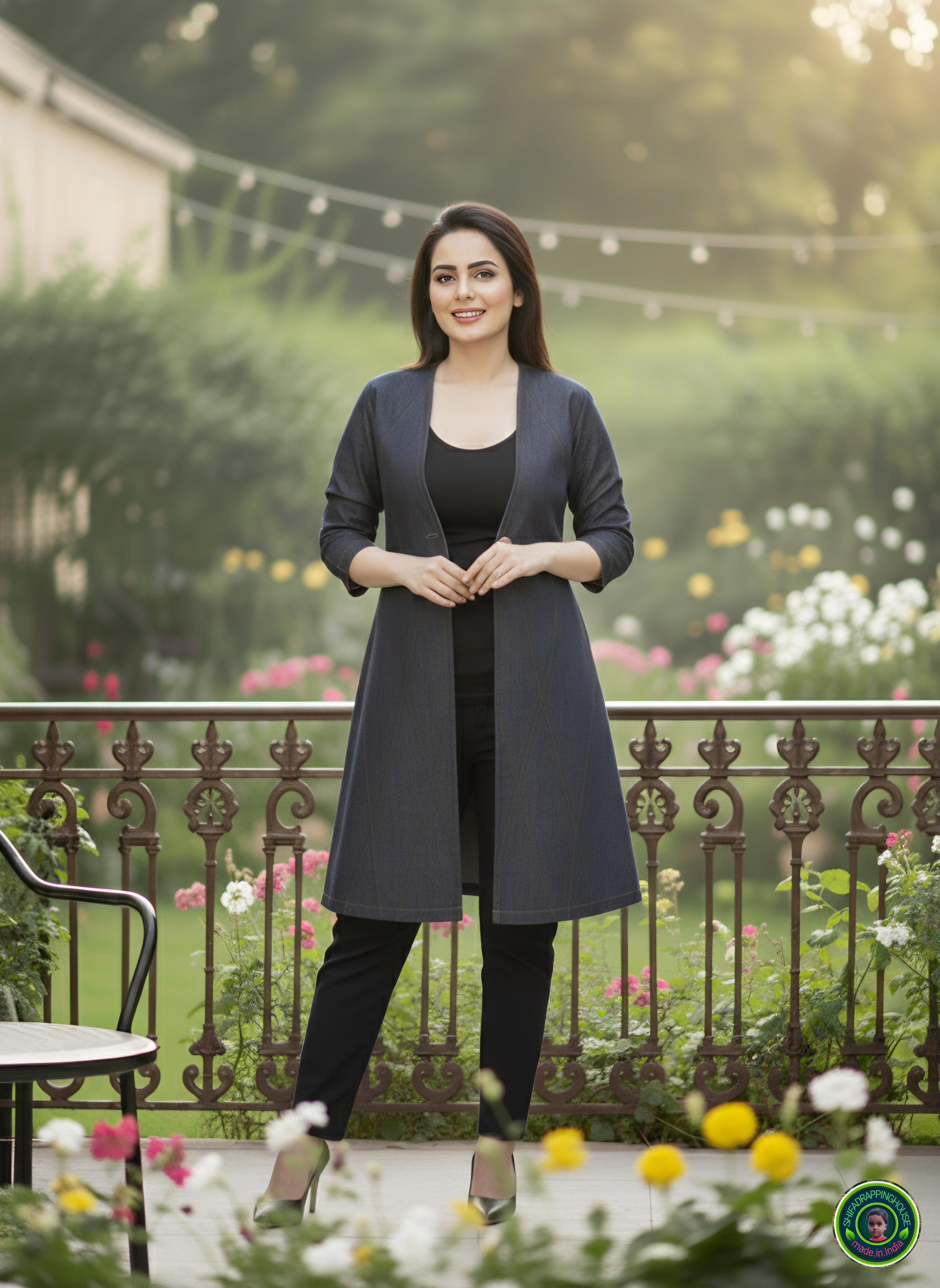 Luxury Black & Grey Denim Jacket-Style Midi with Diagonal Pintuck Detail