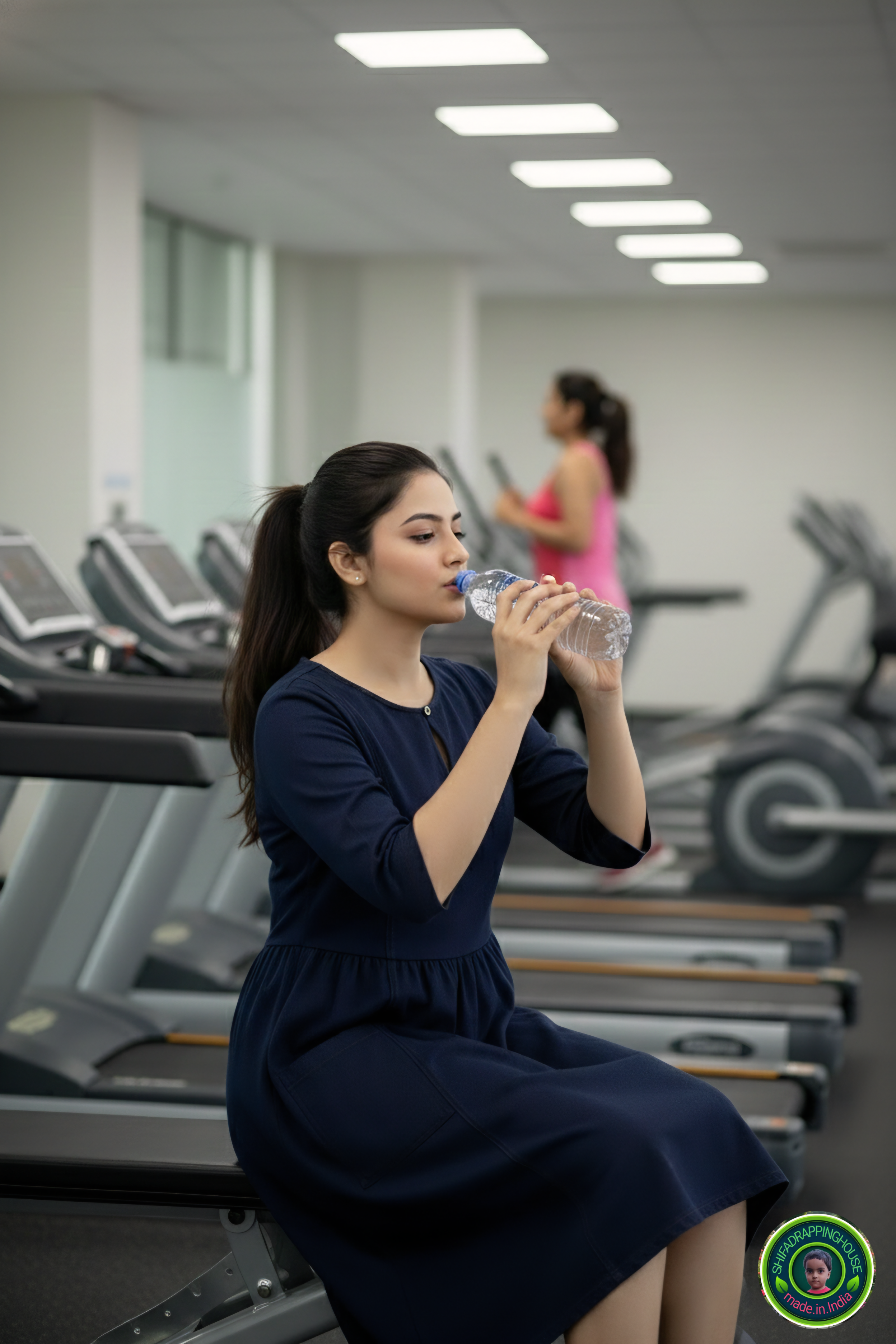 Chic Navy Denim Gym Midi – Round Neck with Keyhole & Loop Button
