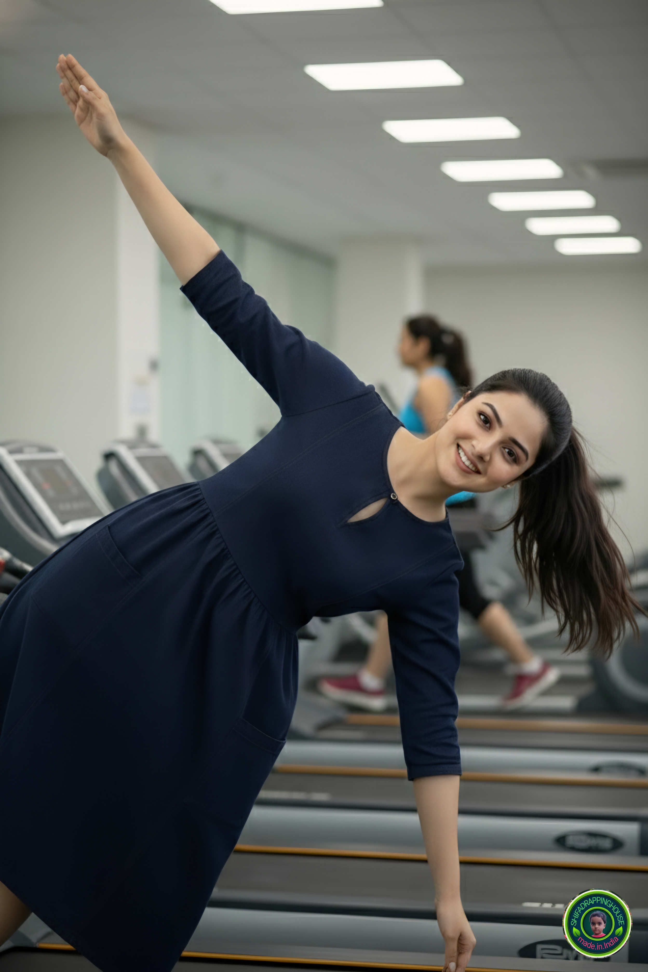 Chic Navy Denim Gym Midi – Round Neck with Keyhole & Loop Button