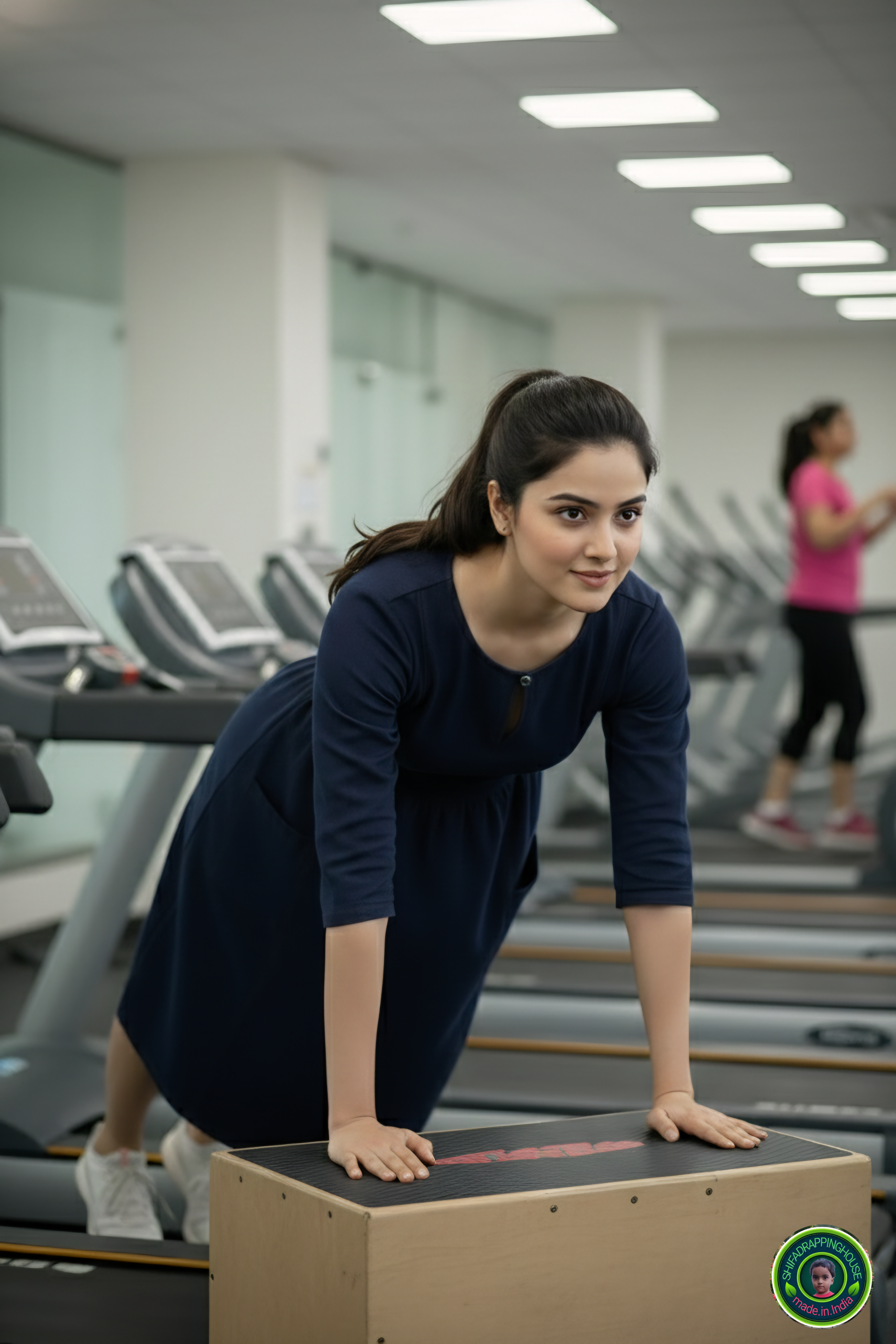 Chic Navy Denim Gym Midi – Round Neck with Keyhole & Loop Button