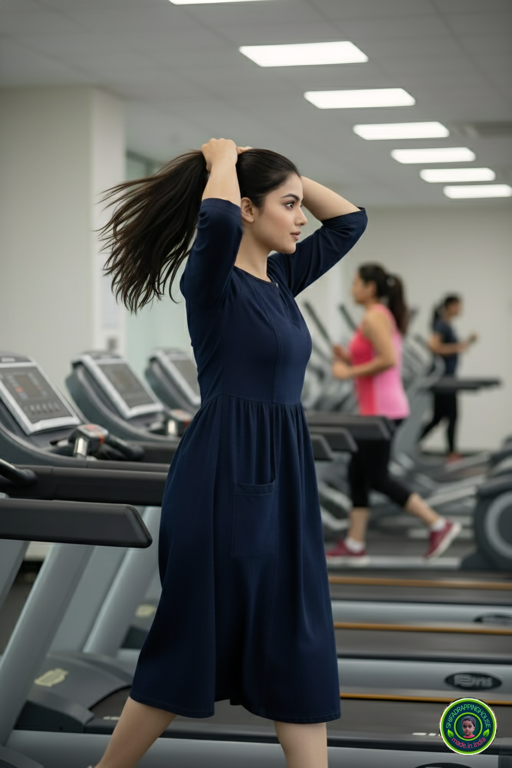 Chic Navy Denim Gym Midi – Round Neck with Keyhole & Loop Button