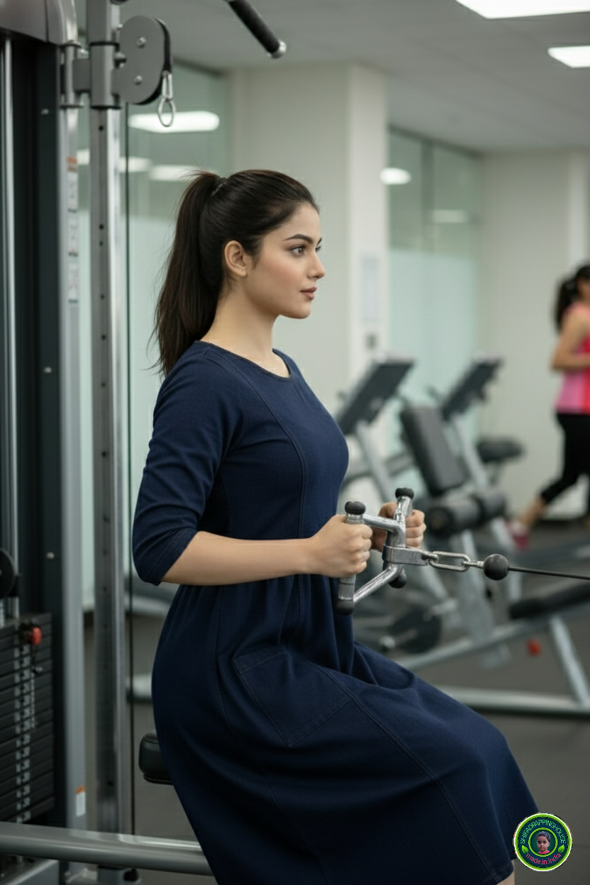 Chic Navy Denim Gym Midi – Round Neck with Keyhole & Loop Button