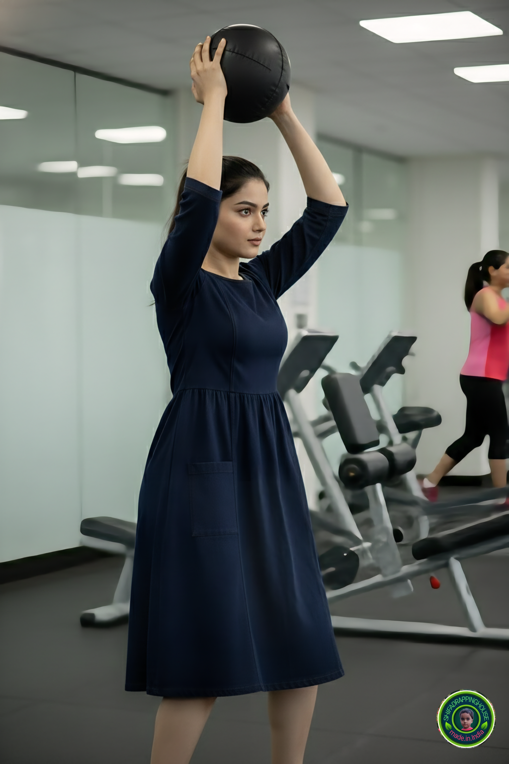 Chic Navy Denim Gym Midi – Round Neck with Keyhole & Loop Button
