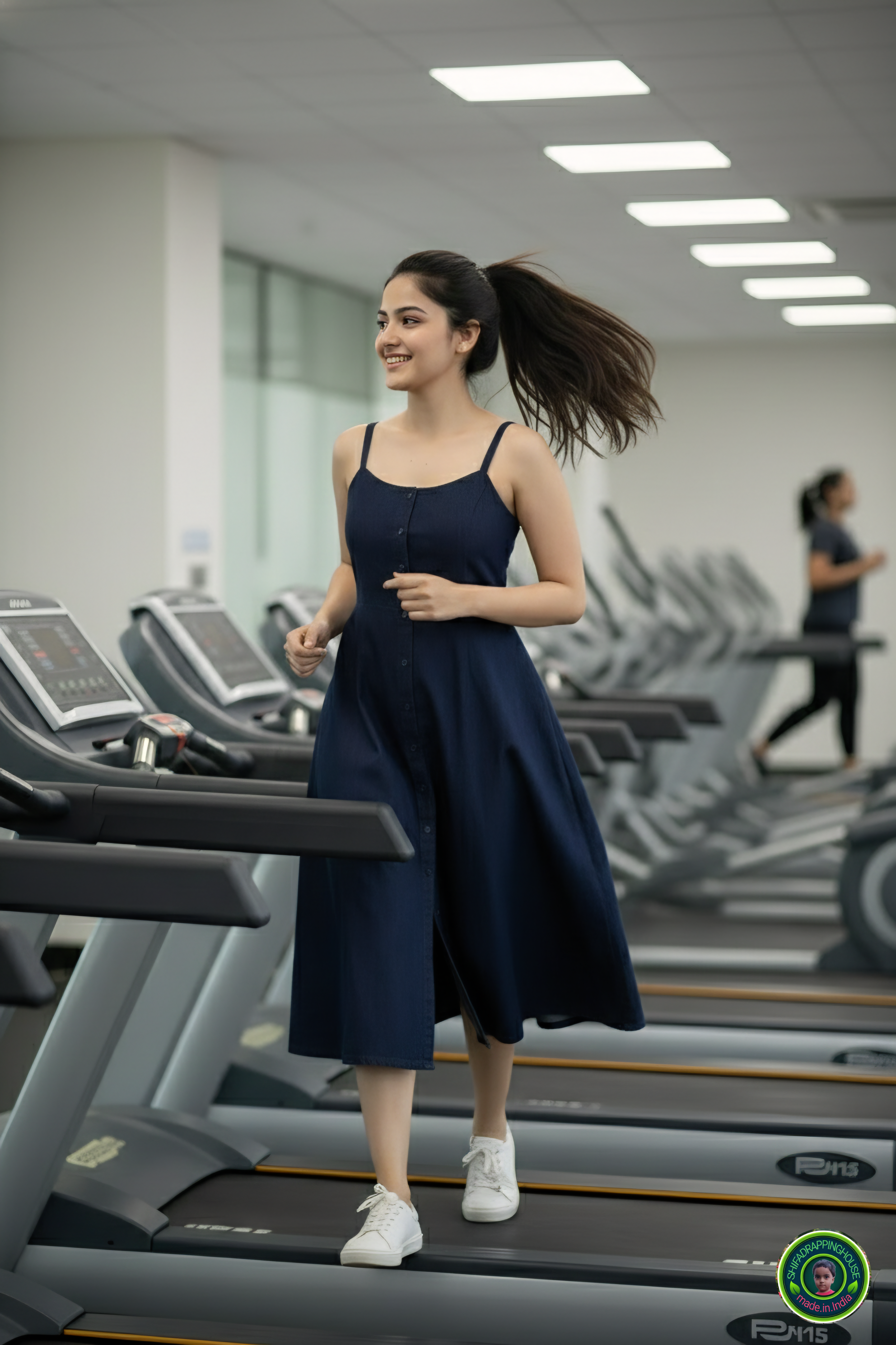 Shifa Drapping House: Sleeveless Princess Cut Denim Midi for Gym & Office