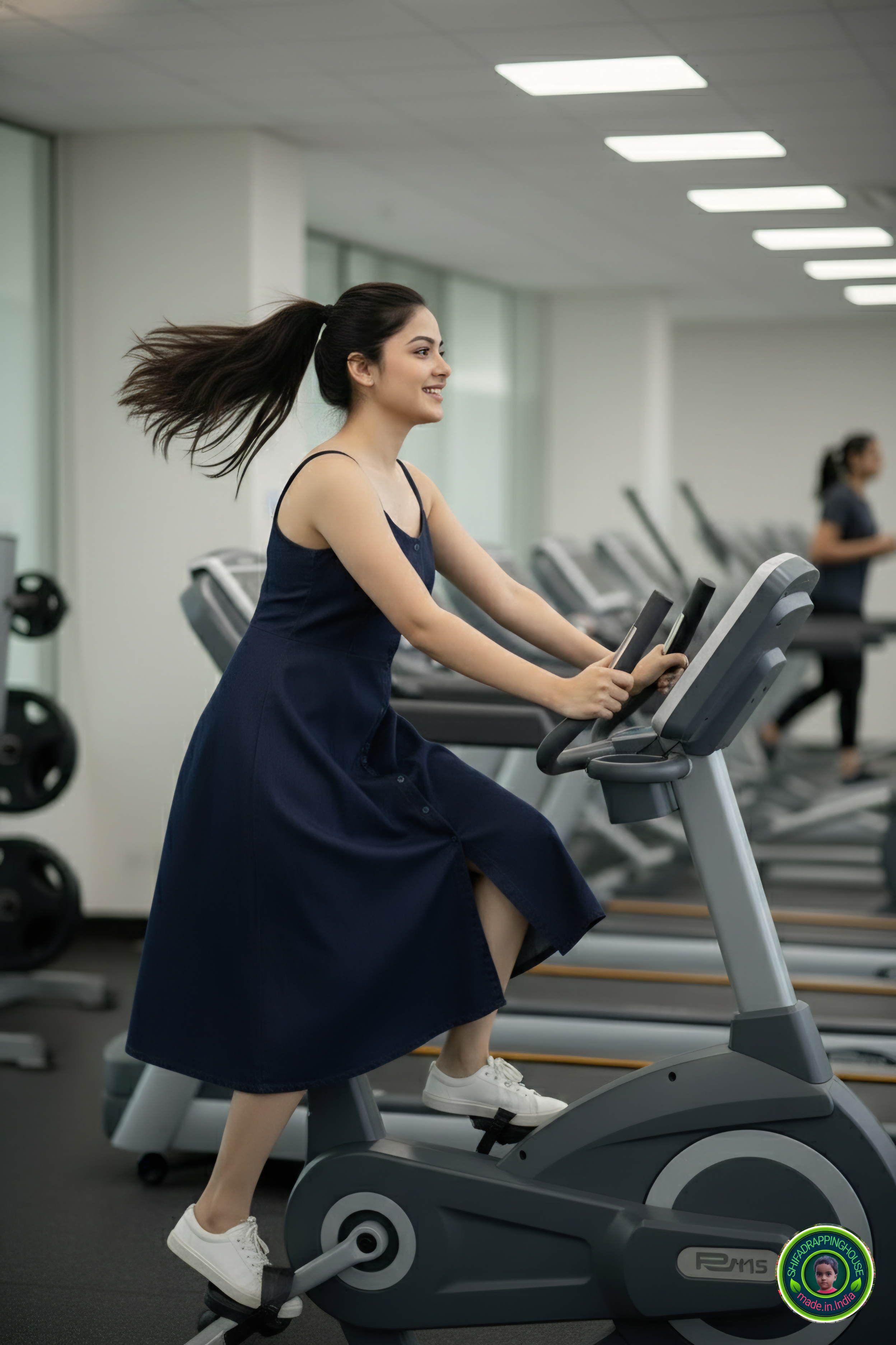 Shifa Drapping House: Sleeveless Princess Cut Denim Midi for Gym & Office