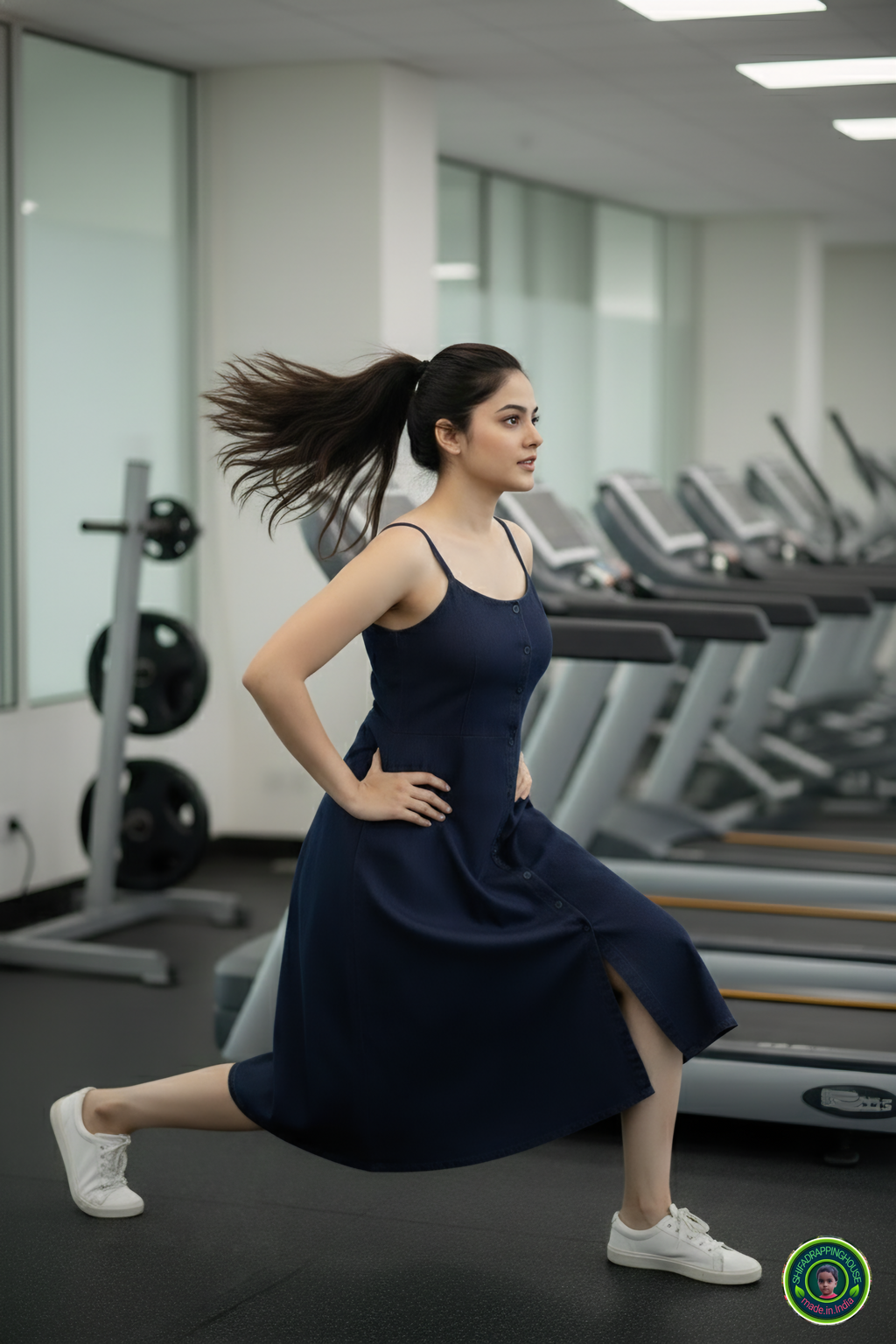 Shifa Drapping House: Sleeveless Princess Cut Denim Midi for Gym & Office
