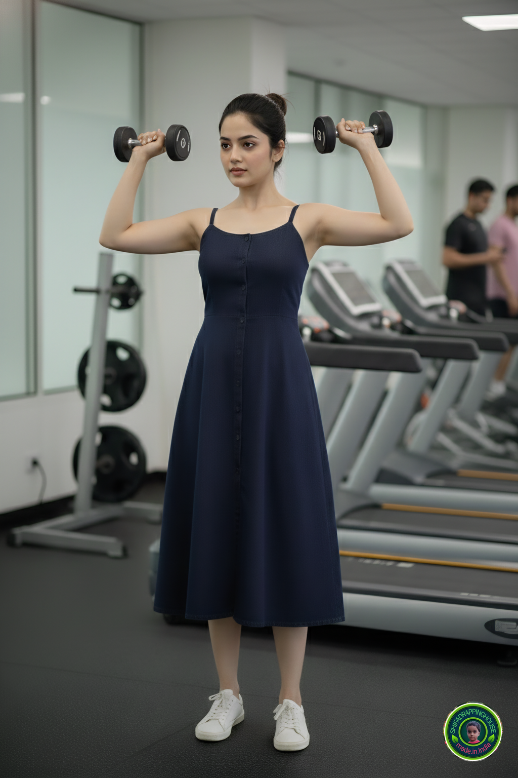 Shifa Drapping House: Sleeveless Princess Cut Denim Midi for Gym & Office