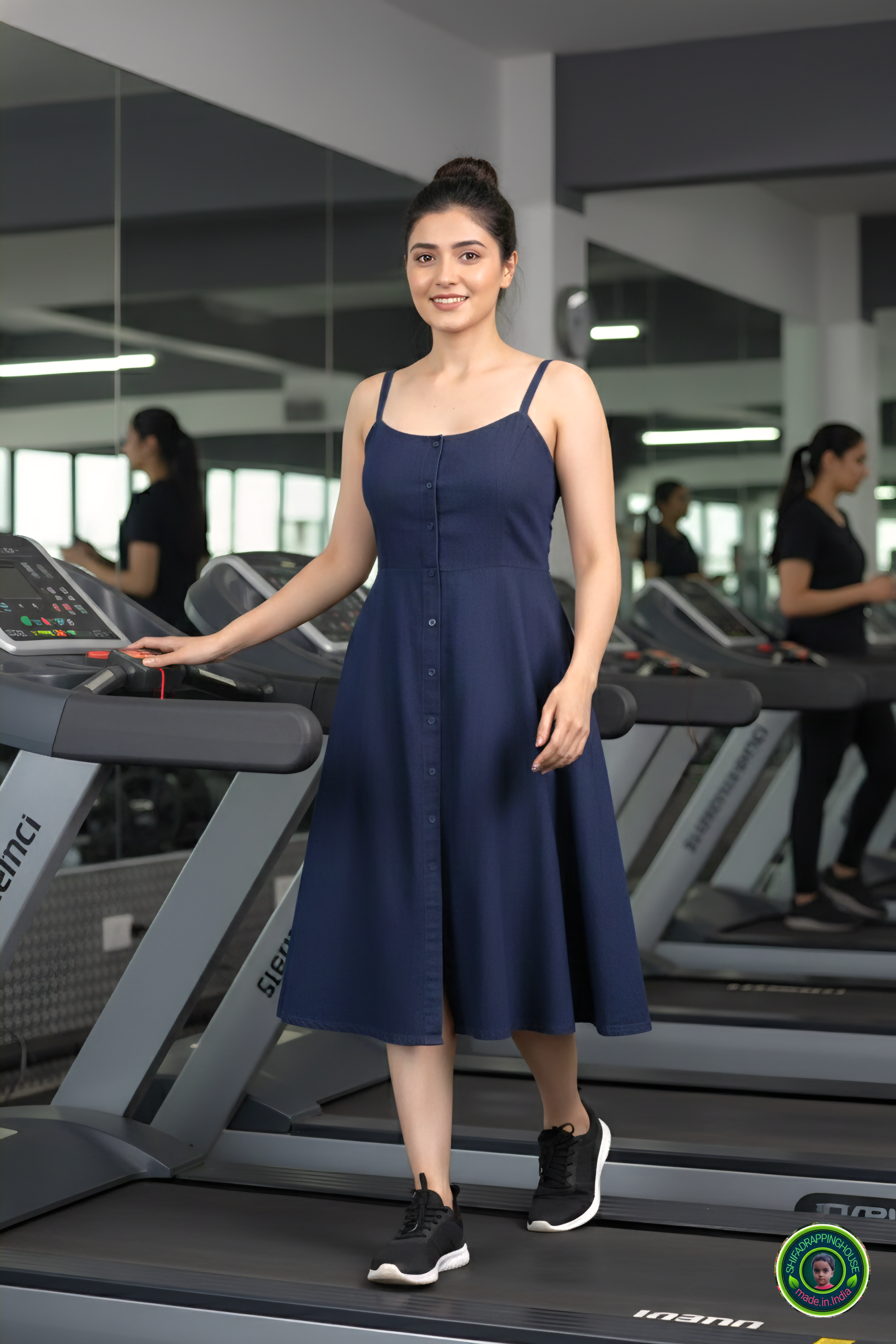 Shifa Drapping House: Sleeveless Princess Cut Denim Midi for Gym & Office
