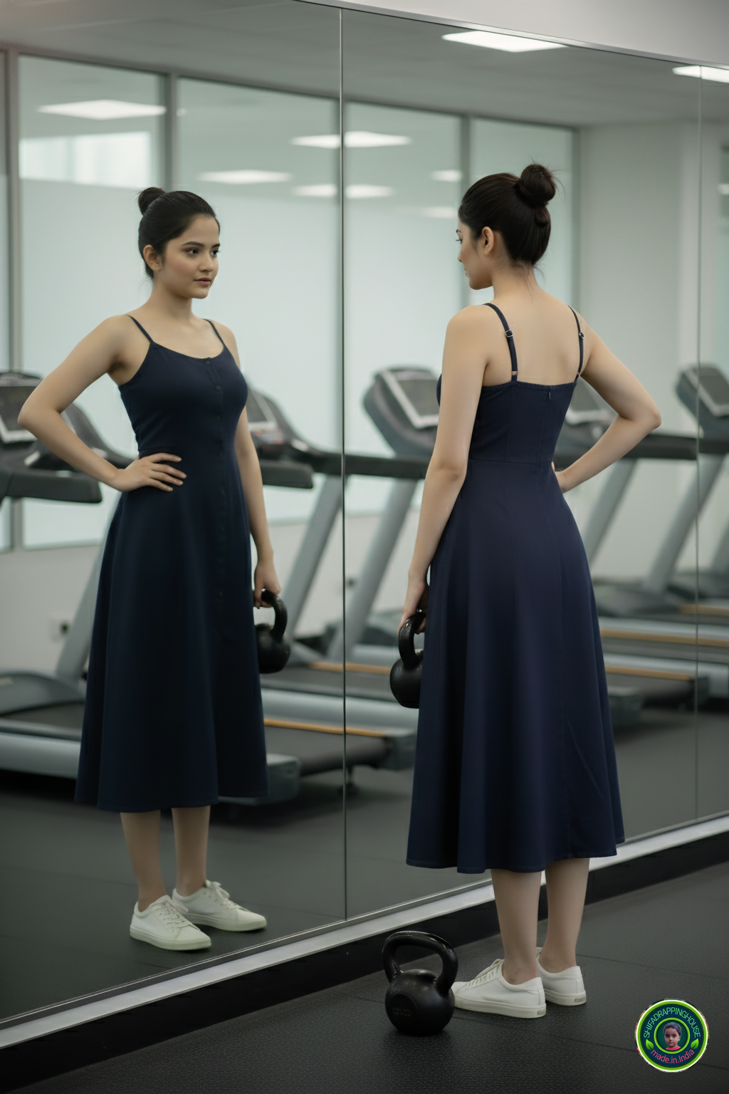 Shifa Drapping House: Sleeveless Princess Cut Denim Midi for Gym & Office