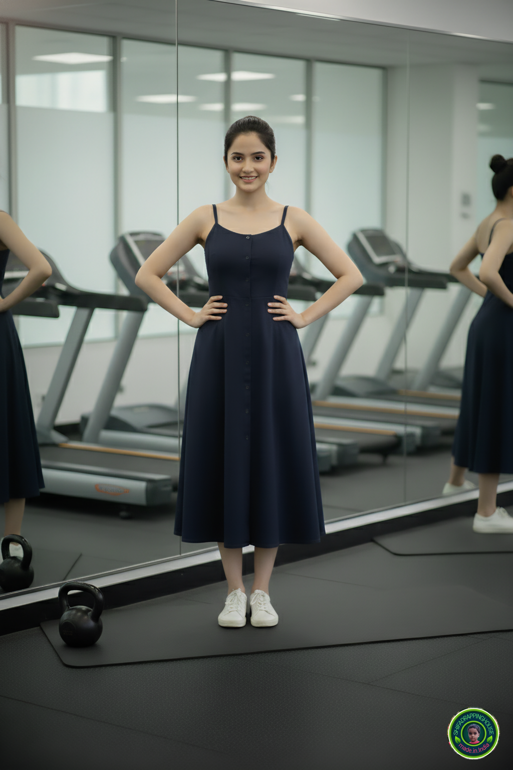 Shifa Drapping House: Sleeveless Princess Cut Denim Midi for Gym & Office