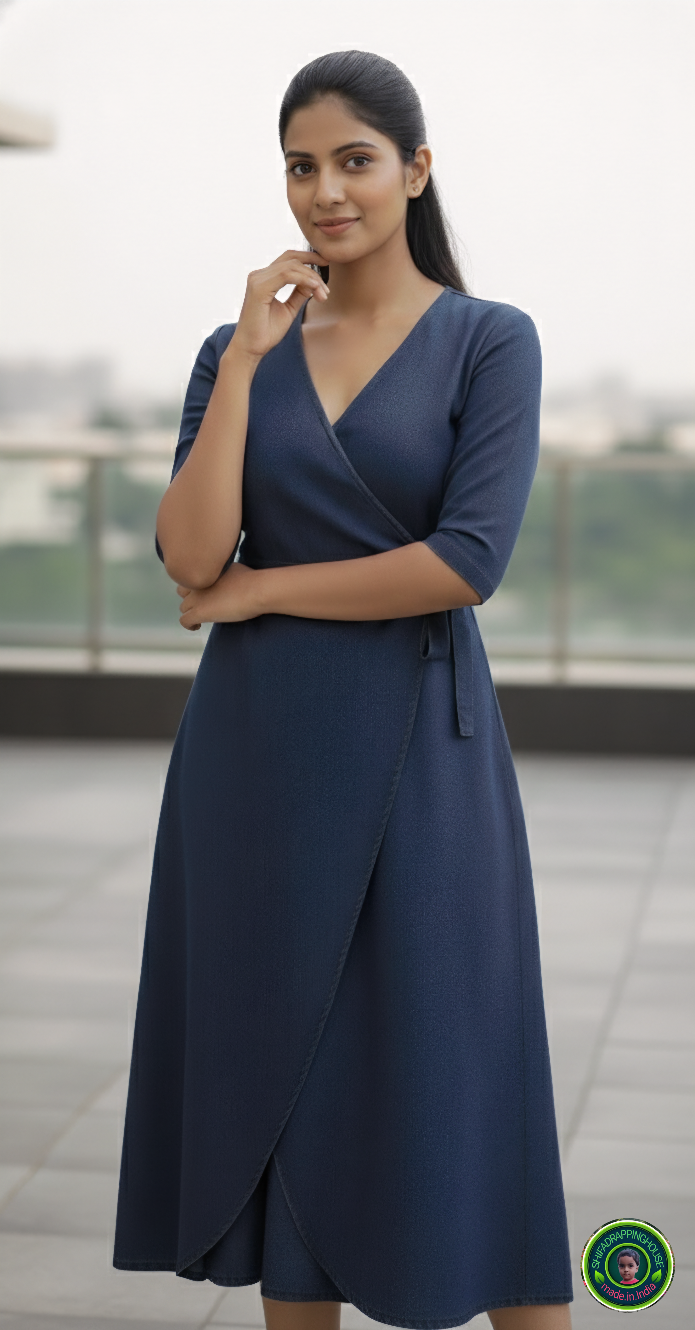Shifa Drapping House: Indo-Western Denim Wrap Dress with 3/4 Sleeves