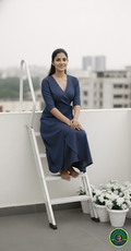 Shifa Drapping House: Indo-Western Denim Wrap Dress with 3/4 Sleeves
