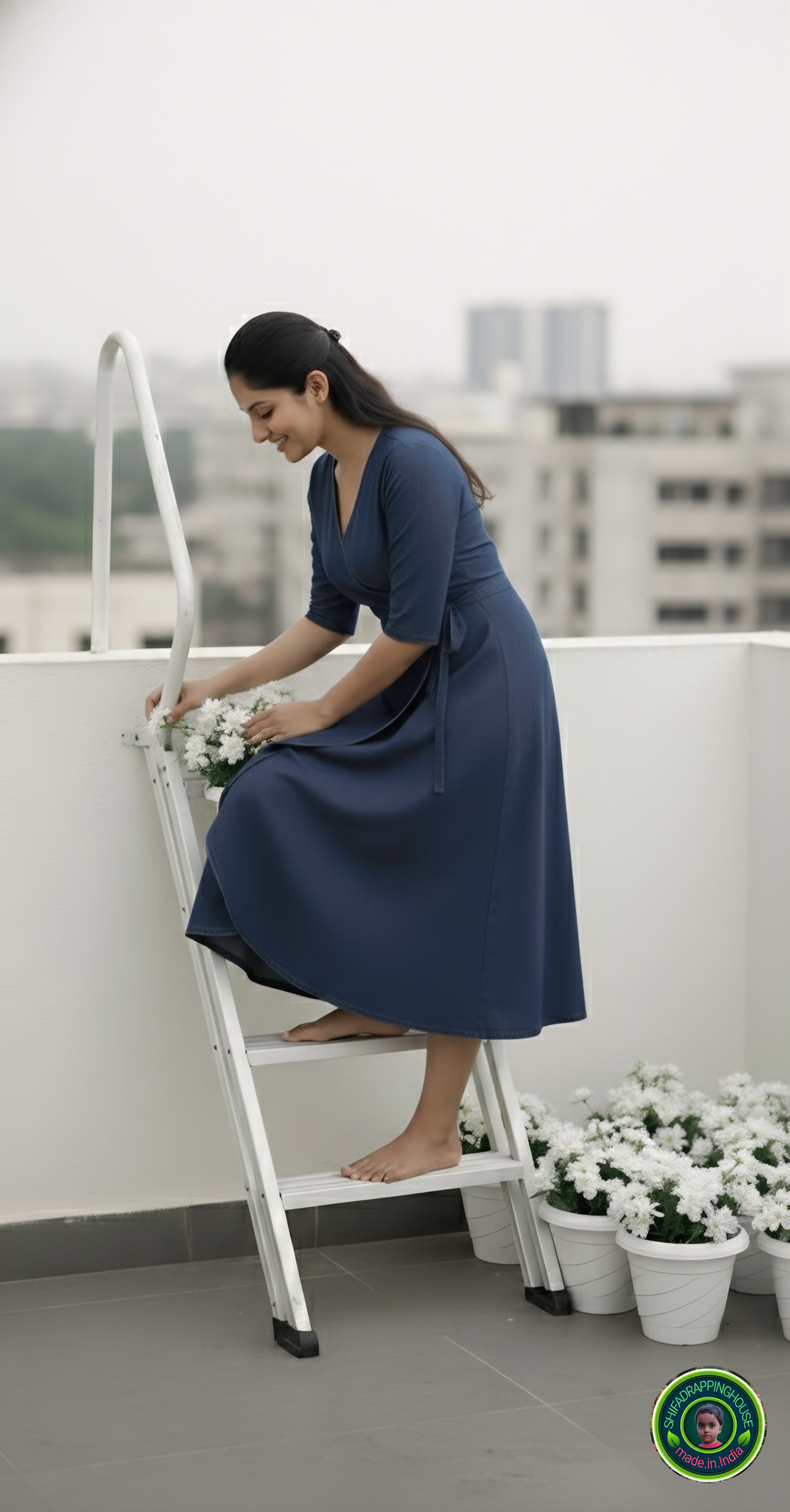 Shifa Drapping House: Indo-Western Denim Wrap Dress with 3/4 Sleeves