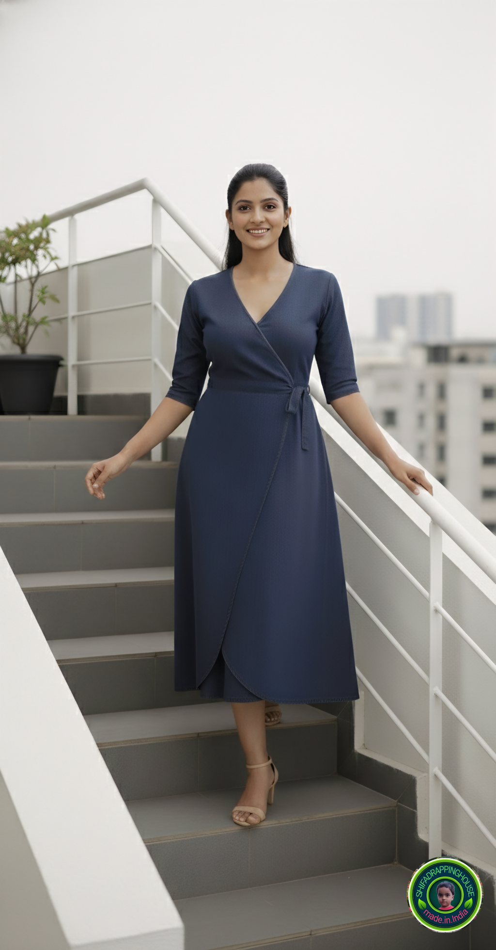 Shifa Drapping House: Indo-Western Denim Wrap Dress with 3/4 Sleeves