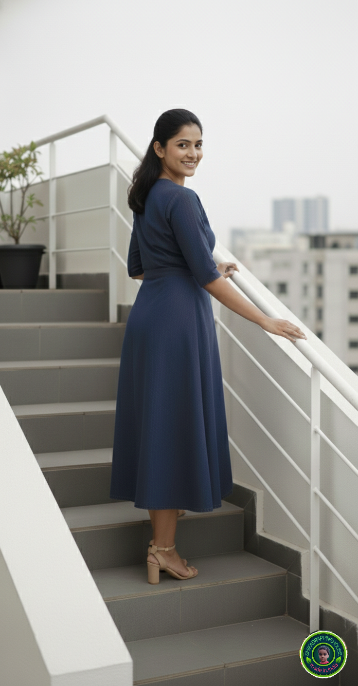 Shifa Drapping House: Indo-Western Denim Wrap Dress with 3/4 Sleeves