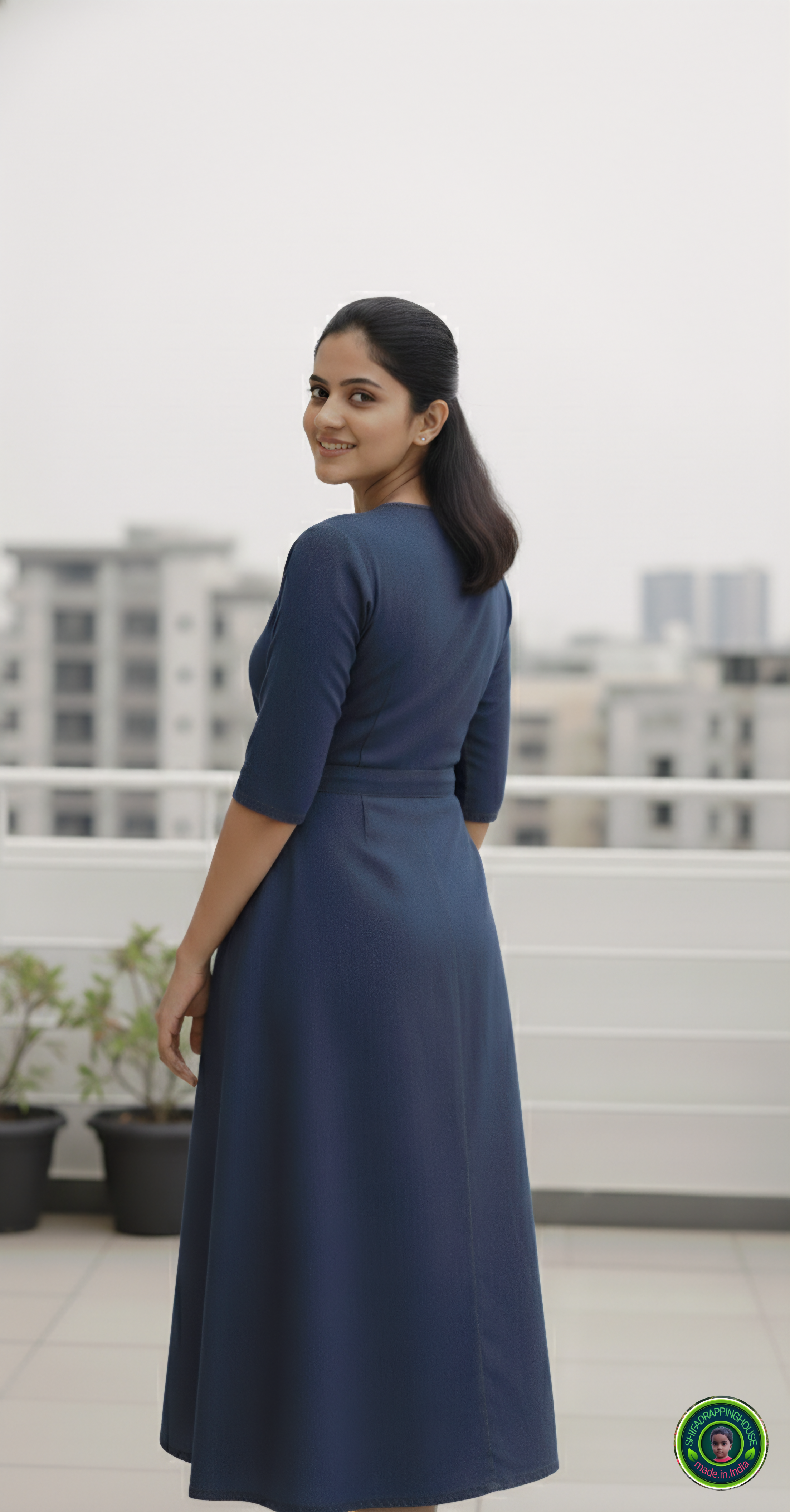 Shifa Drapping House: Indo-Western Denim Wrap Dress with 3/4 Sleeves