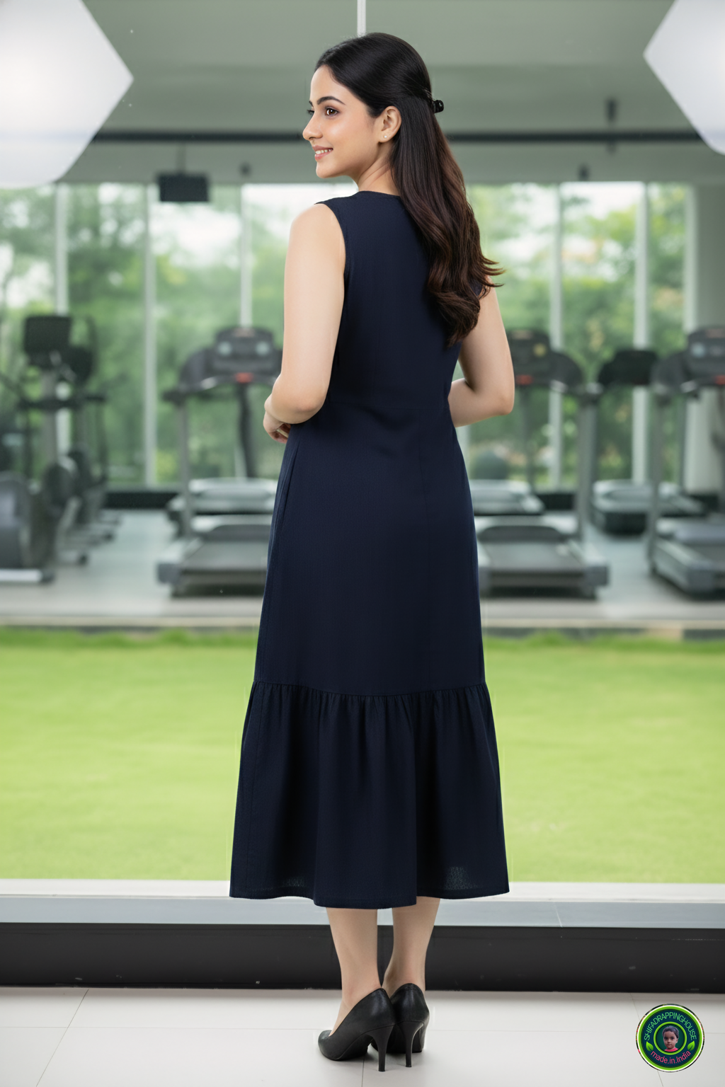 Luxury Navy Blue Denim Sleeveless Midi with Tiered Ruffle Hem