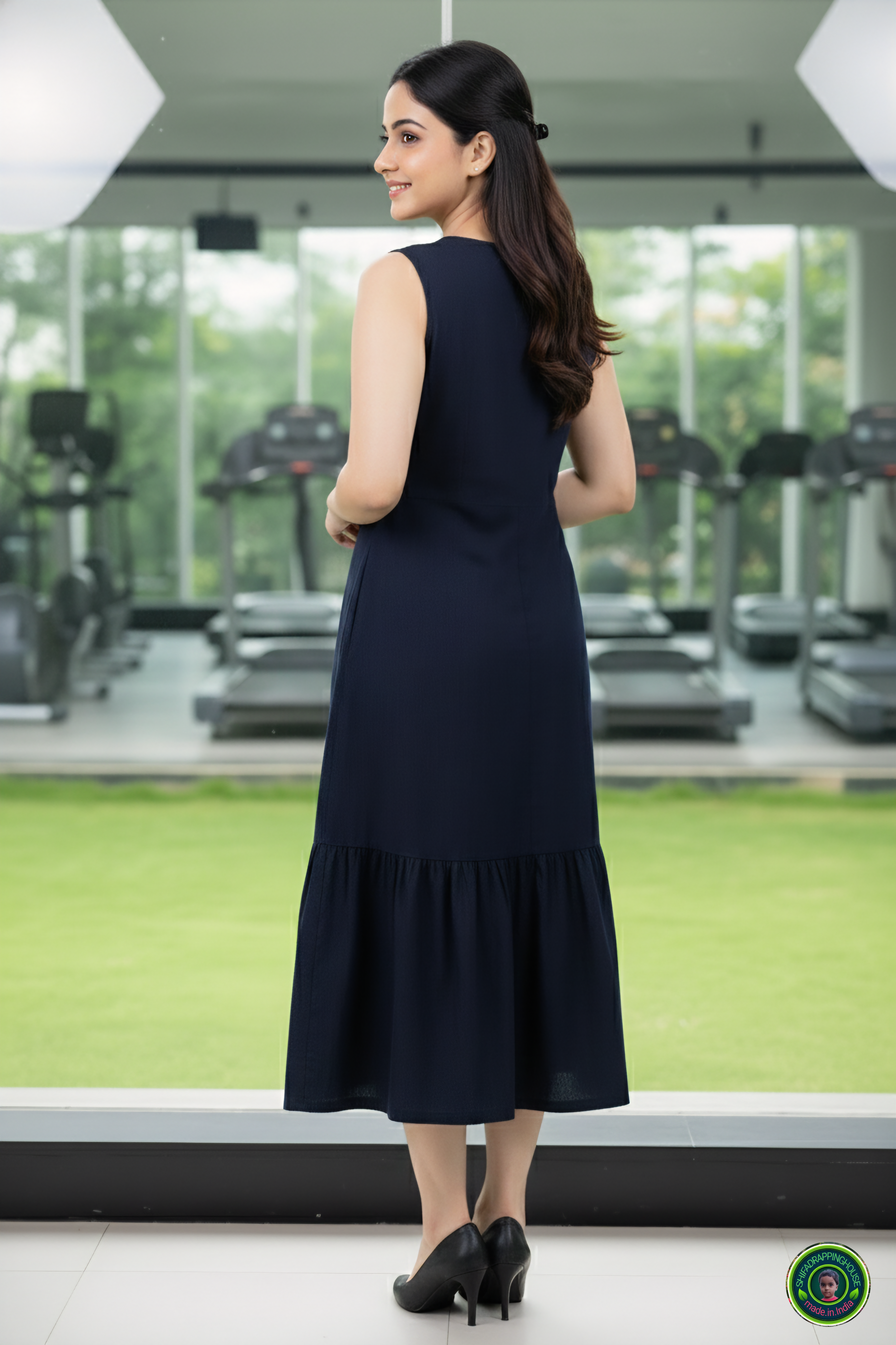 Luxury Navy Blue Denim Sleeveless Midi with Tiered Ruffle Hem