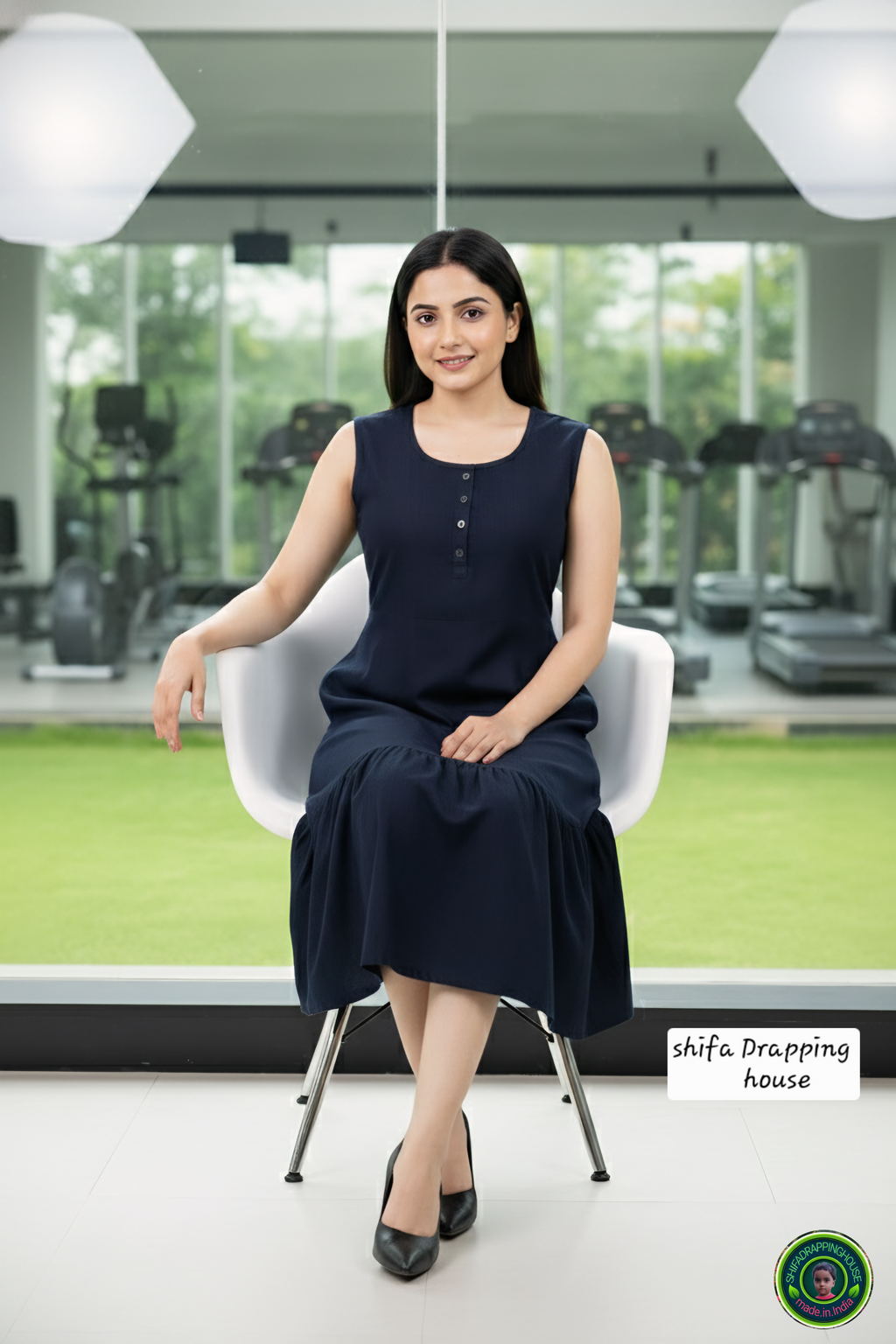 Luxury Navy Blue Denim Sleeveless Midi with Tiered Ruffle Hem