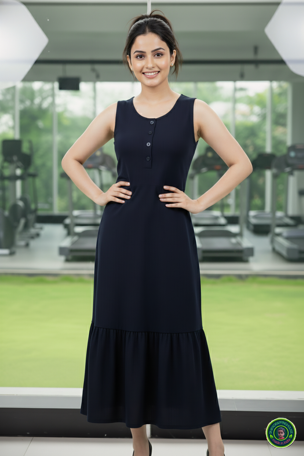 Luxury Navy Blue Denim Sleeveless Midi with Tiered Ruffle Hem