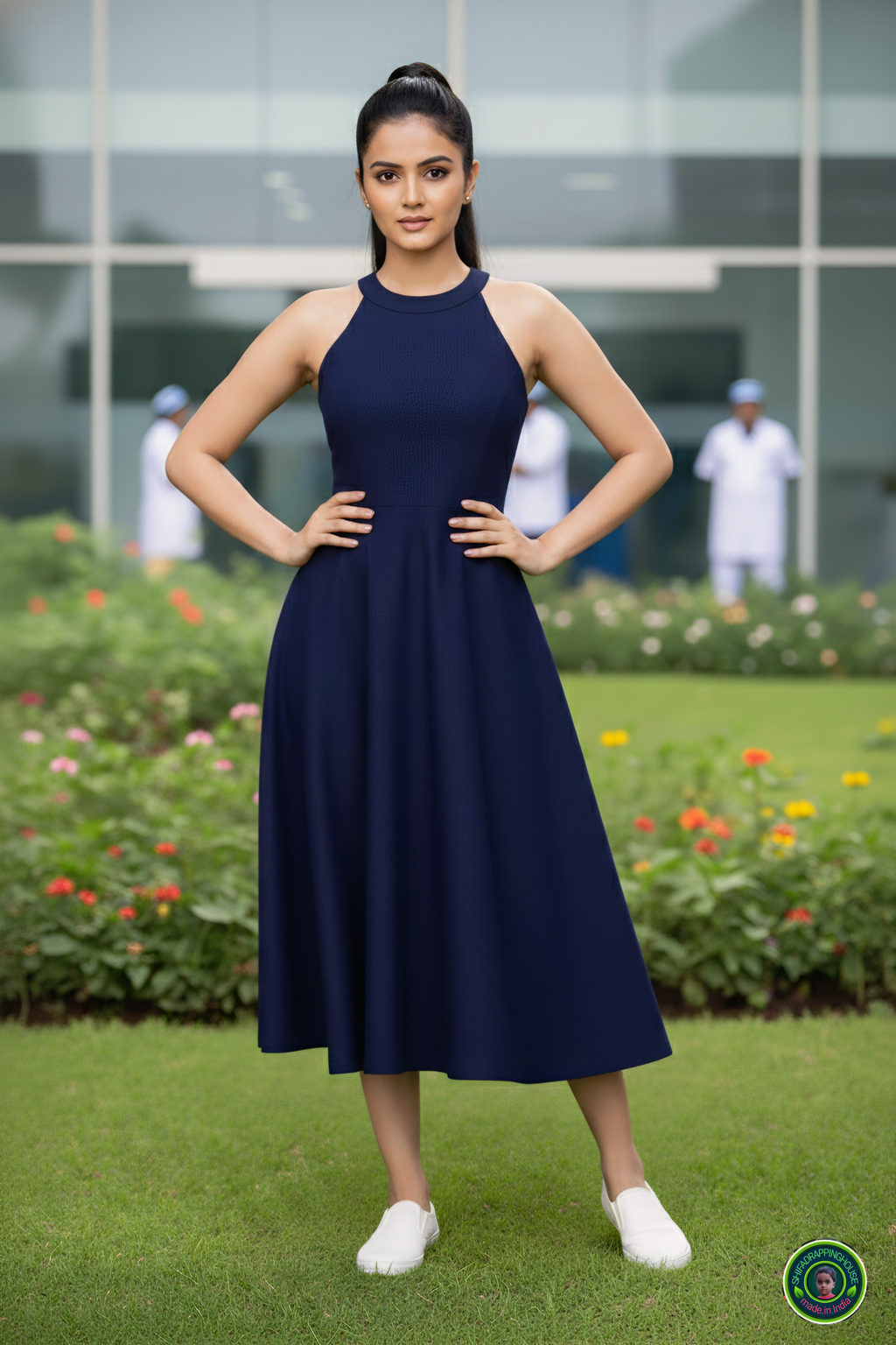 Shifa Drapping House: Sleek Princess Cut Denim Dress with Hidden Back Zip