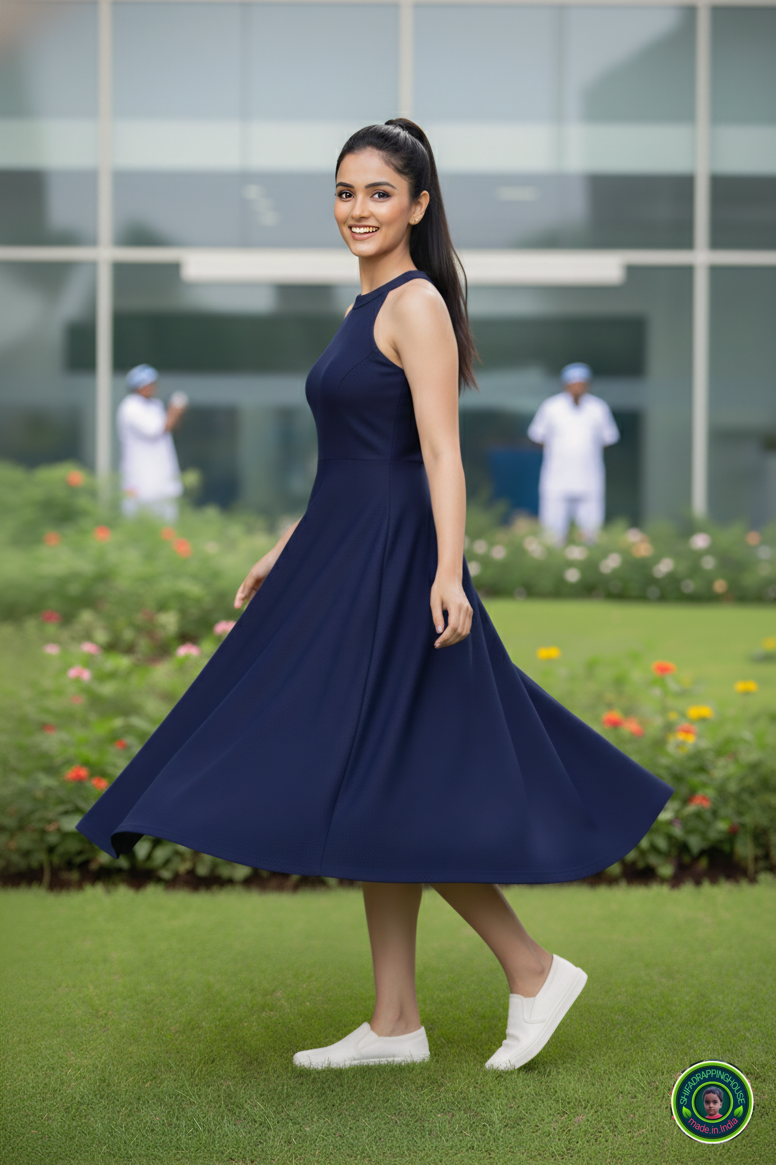 Shifa Drapping House: Sleek Princess Cut Denim Dress with Hidden Back Zip