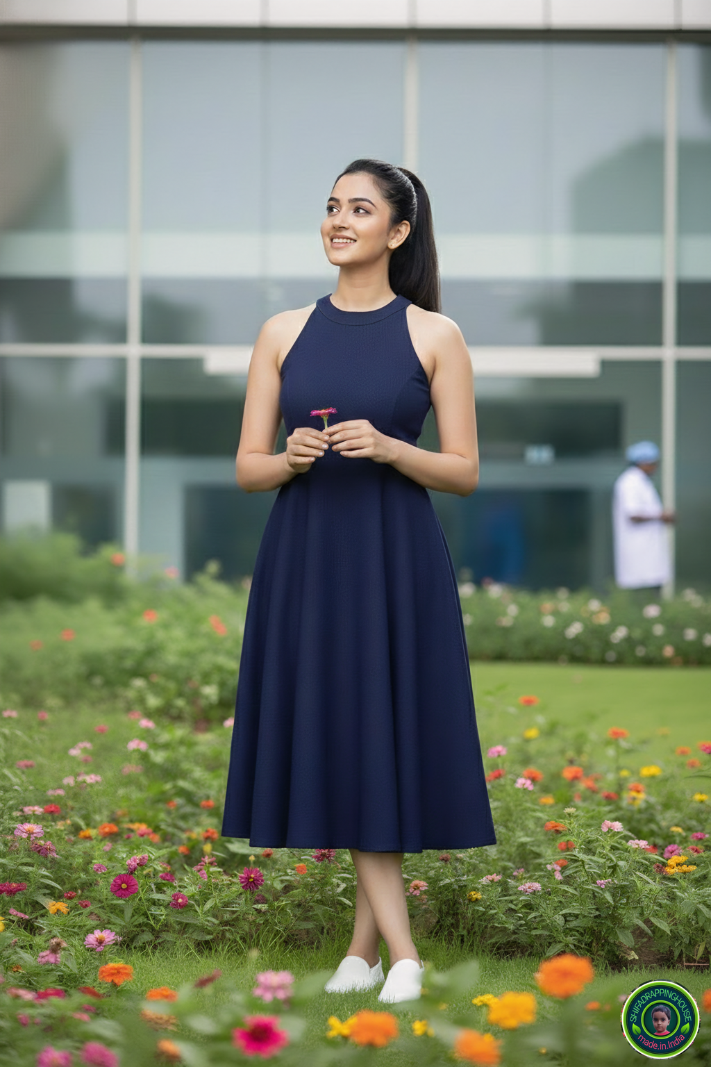 Shifa Drapping House: Sleek Princess Cut Denim Dress with Hidden Back Zip