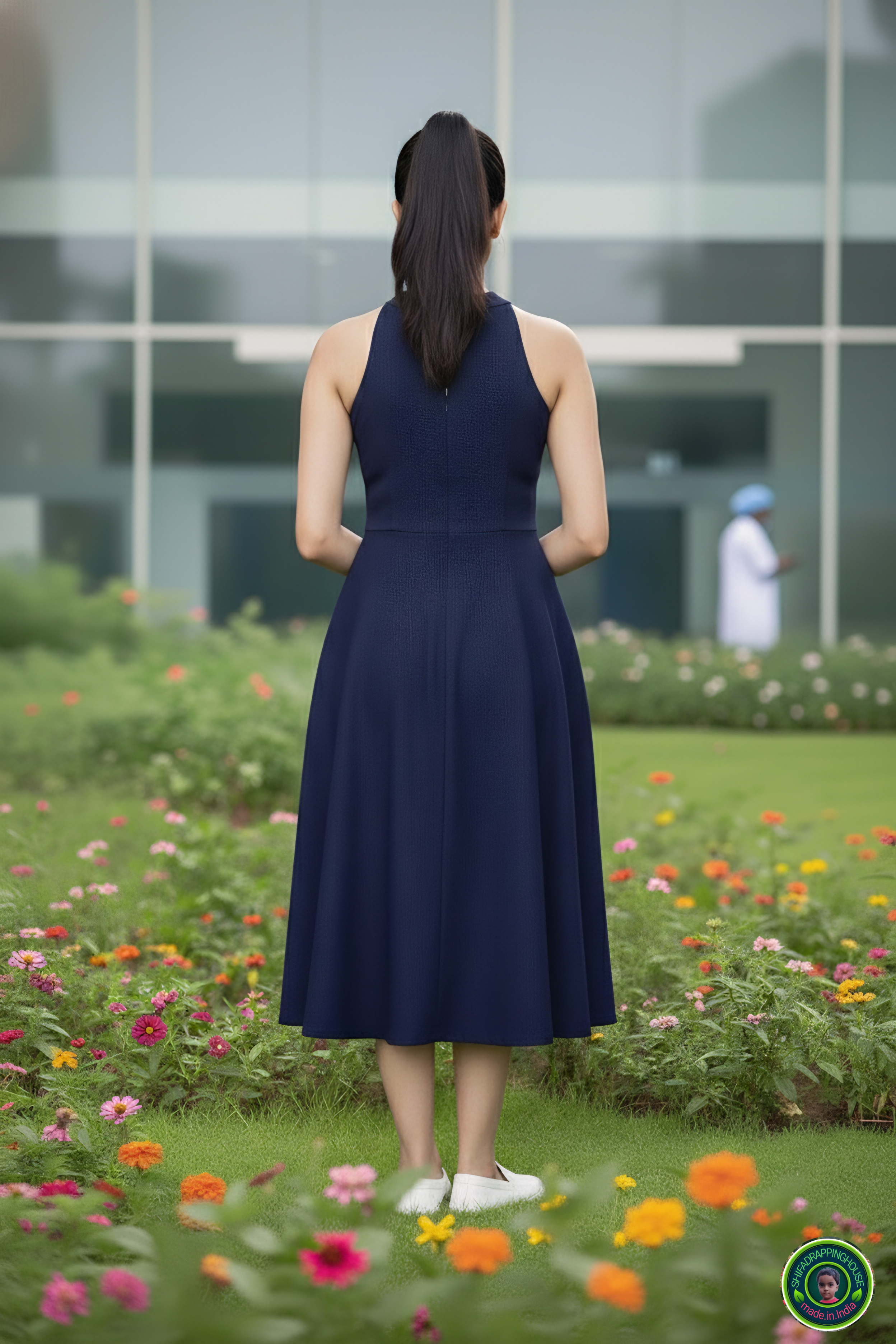 Shifa Drapping House: Sleek Princess Cut Denim Dress with Hidden Back Zip