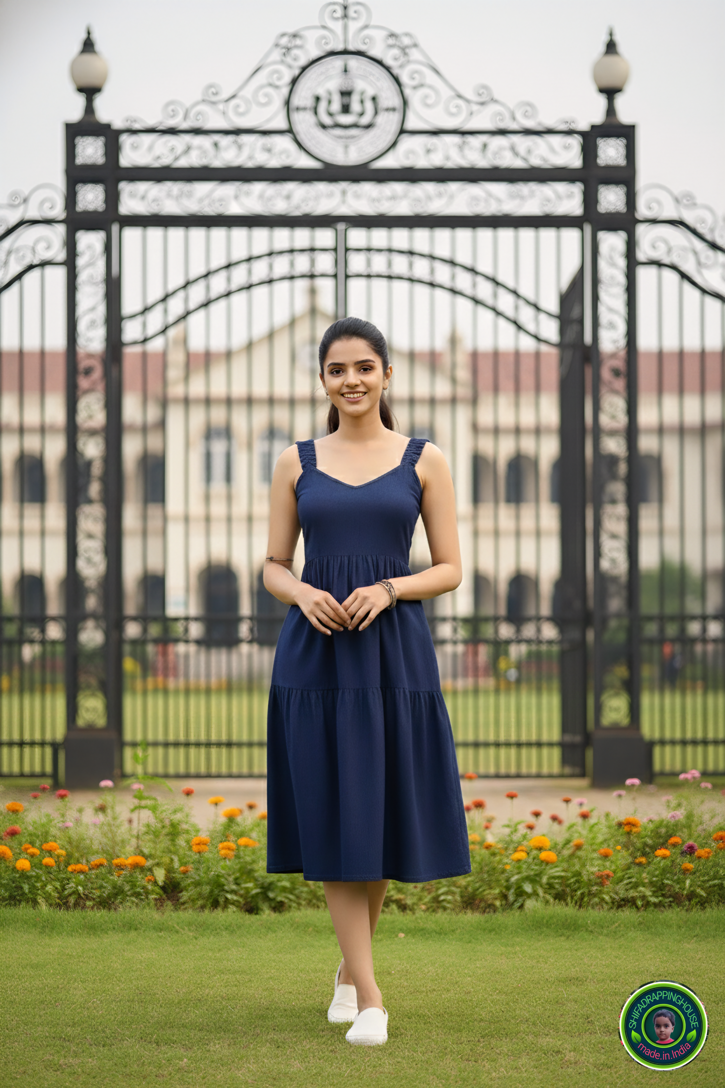 Luxury Navy Blue Denim Tiered Midi with Gathered Shoulder Straps