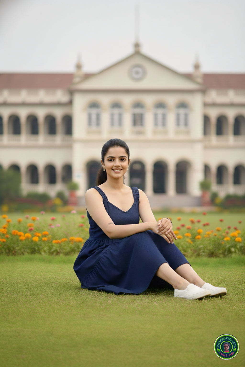 Luxury Navy Blue Denim Tiered Midi with Gathered Shoulder Straps