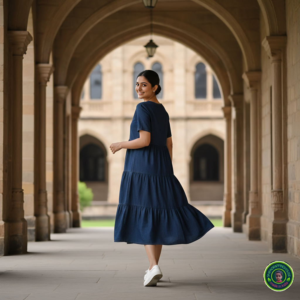 Sophisticated Navy Denim Summer Midi – Triple Flare with Hidden Back Zip