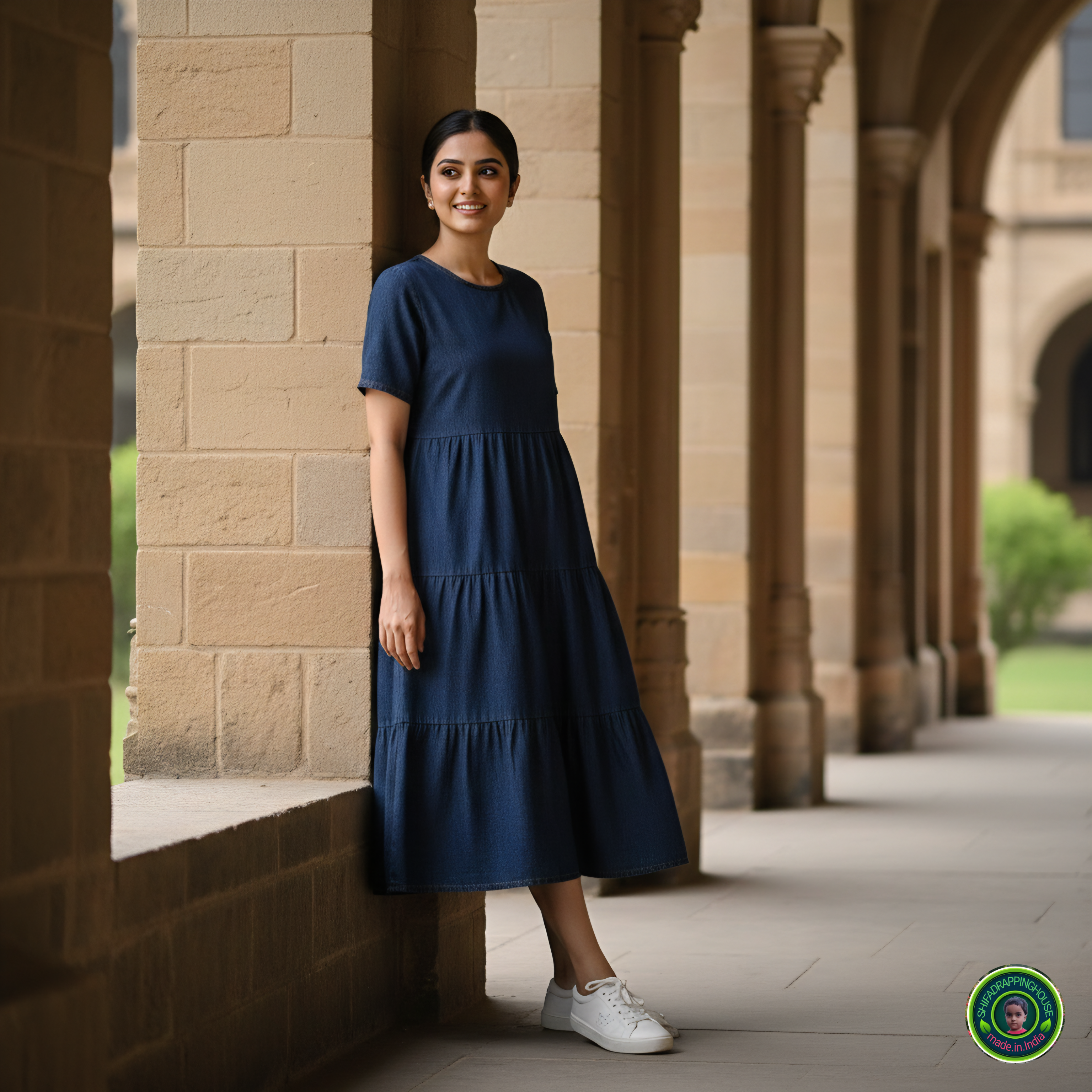 Sophisticated Navy Denim Summer Midi – Triple Flare with Hidden Back Zip