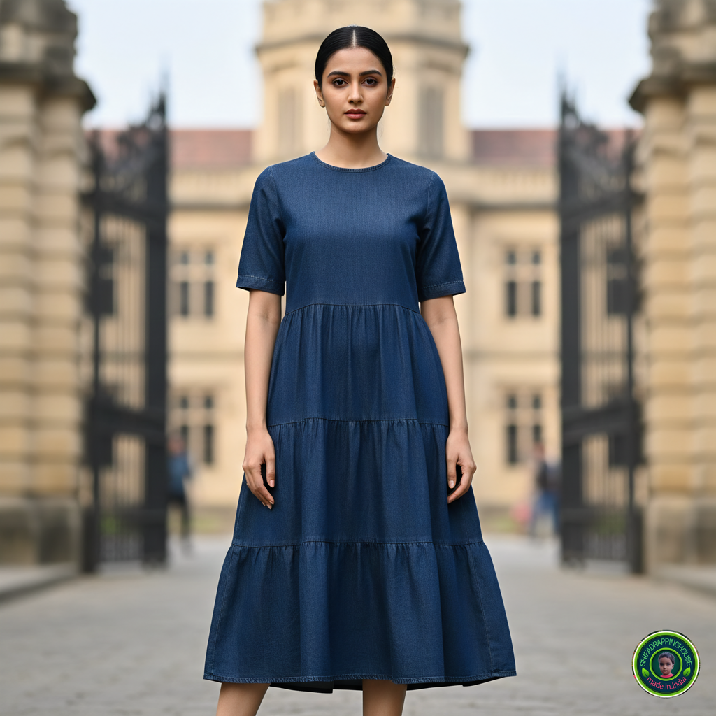 Sophisticated Navy Denim Summer Midi – Triple Flare with Hidden Back Zip