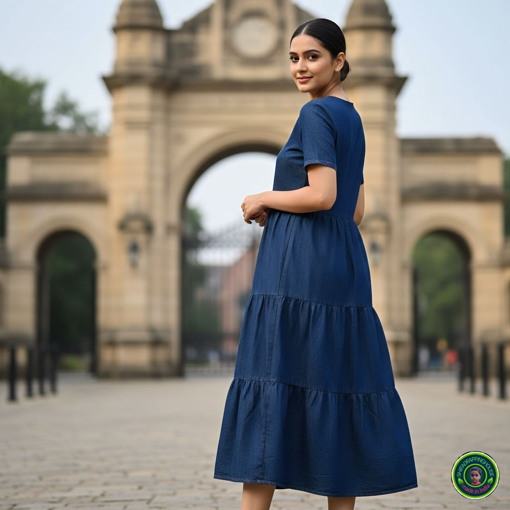 Sophisticated Navy Denim Summer Midi – Triple Flare with Hidden Back Zip