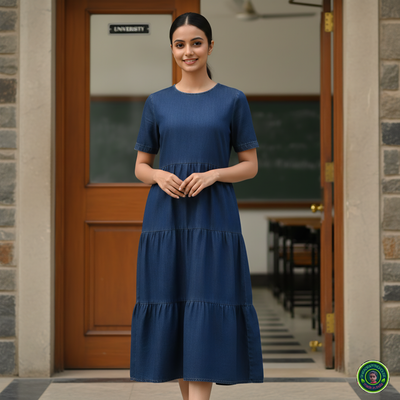 Sophisticated Navy Denim Summer Midi – Triple Flare with Hidden Back Zip