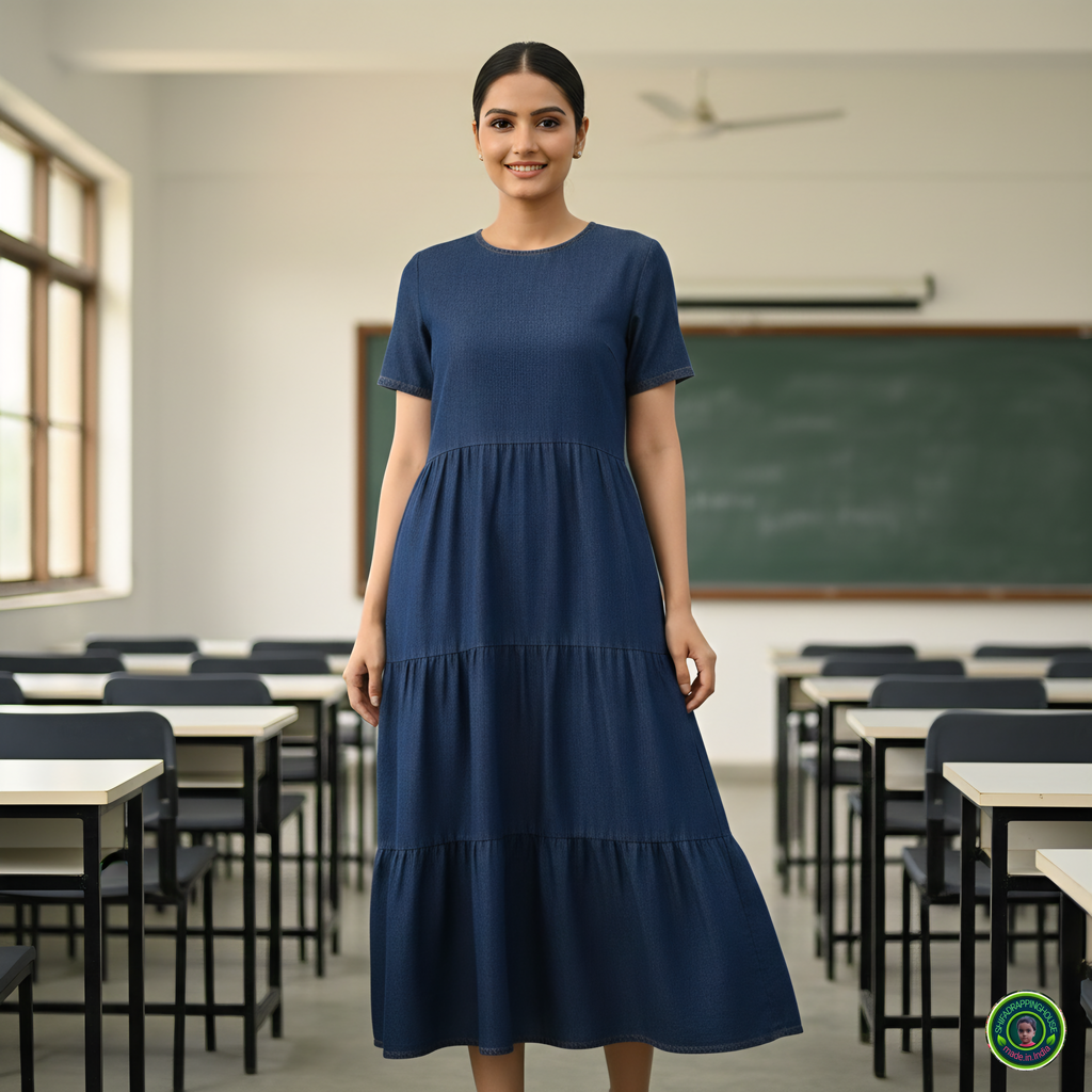Sophisticated Navy Denim Summer Midi – Triple Flare with Hidden Back Zip