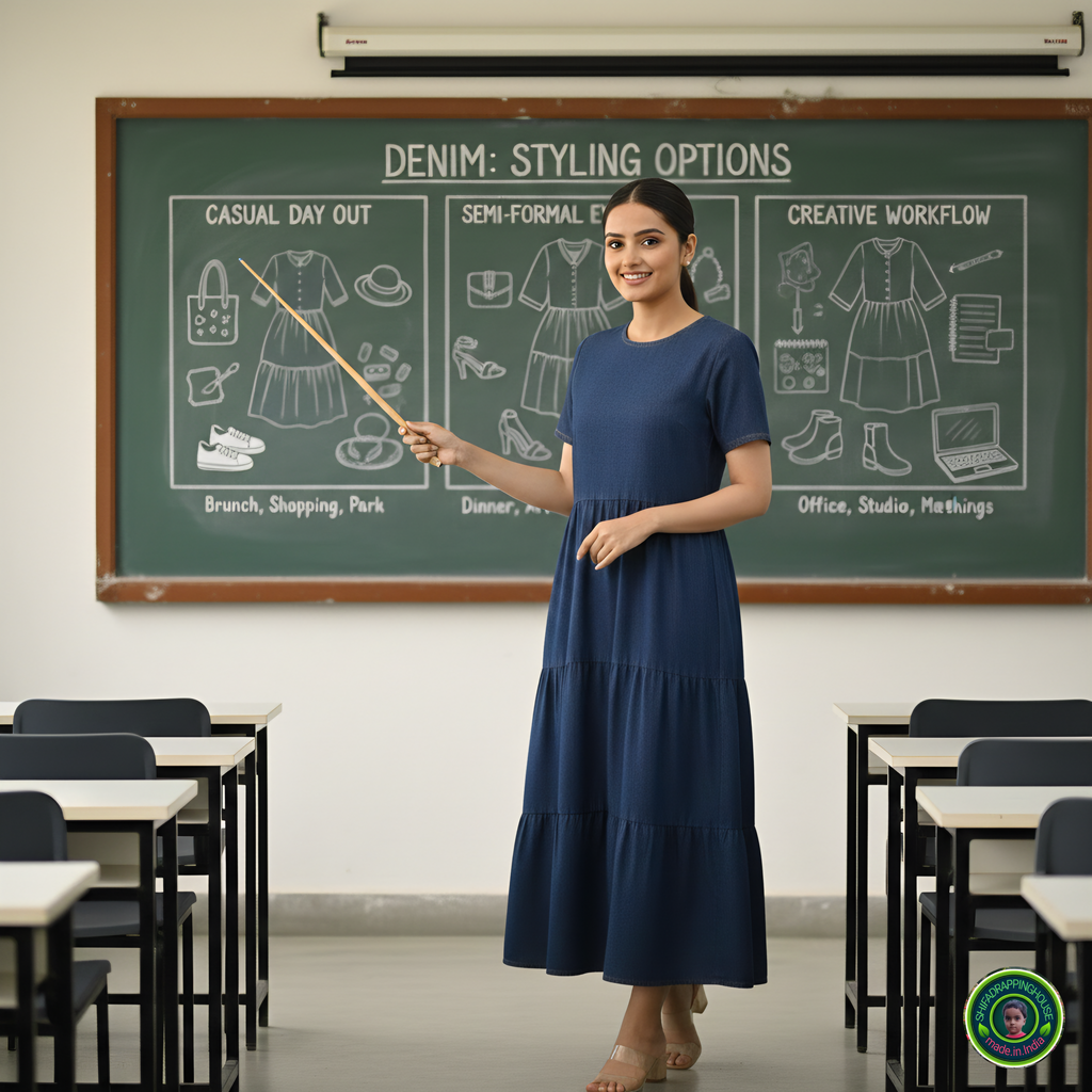 Sophisticated Navy Denim Summer Midi – Triple Flare with Hidden Back Zip