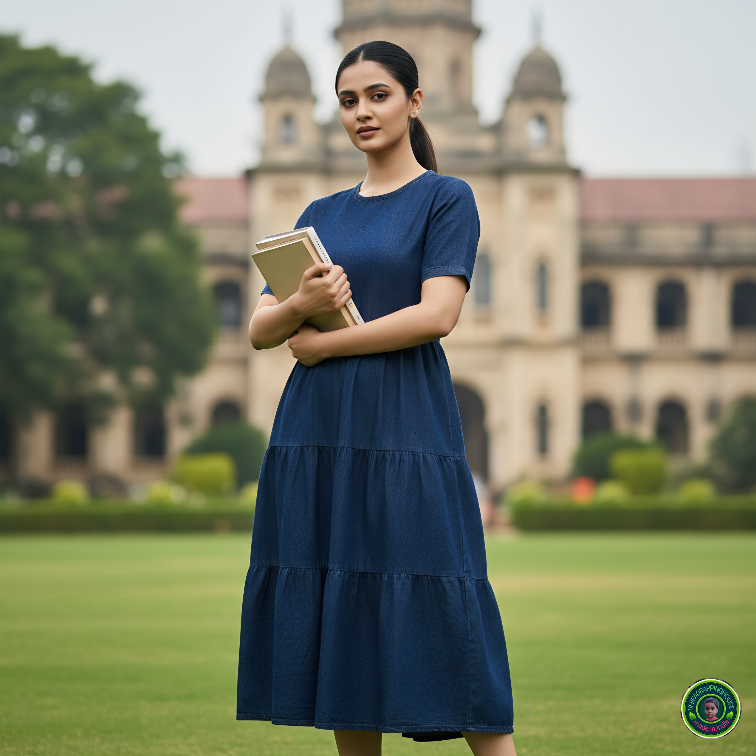 Sophisticated Navy Denim Summer Midi – Triple Flare with Hidden Back Zip