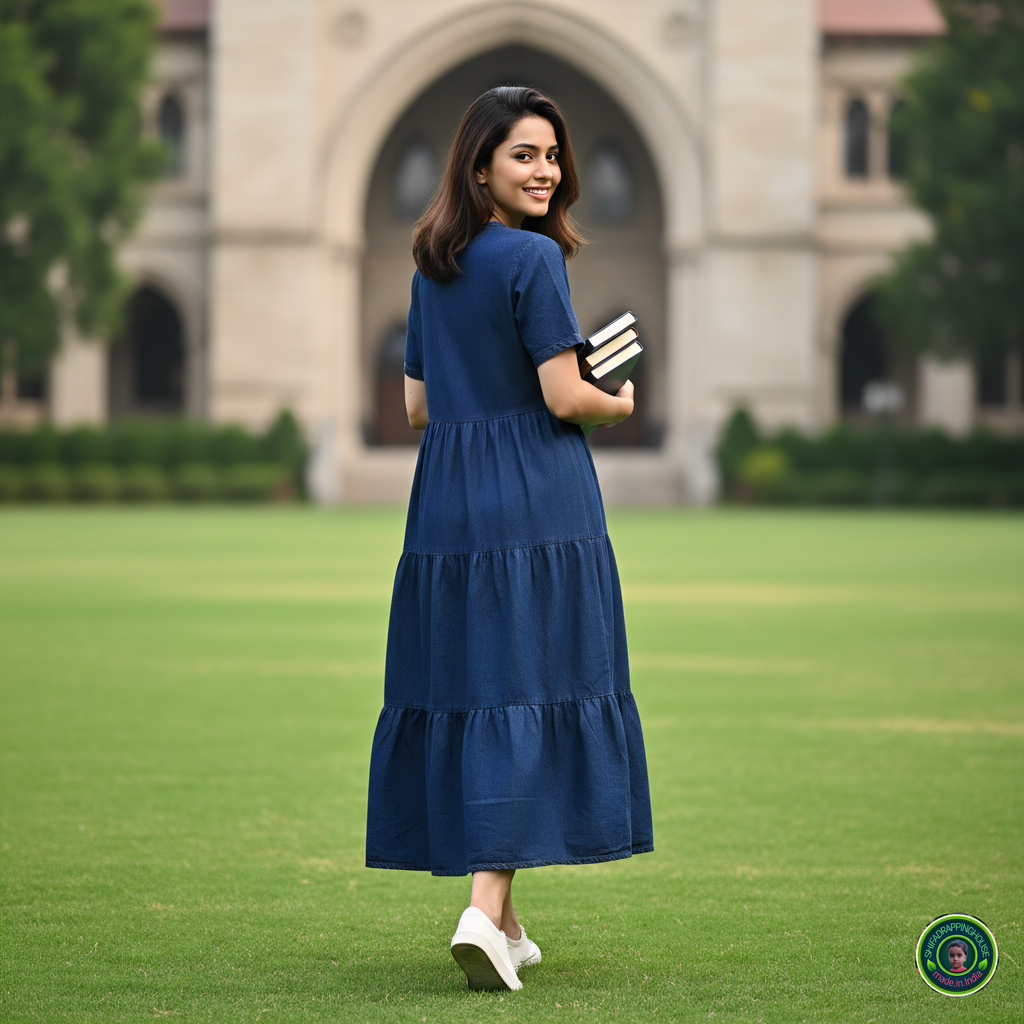 Sophisticated Navy Denim Summer Midi – Triple Flare with Hidden Back Zip