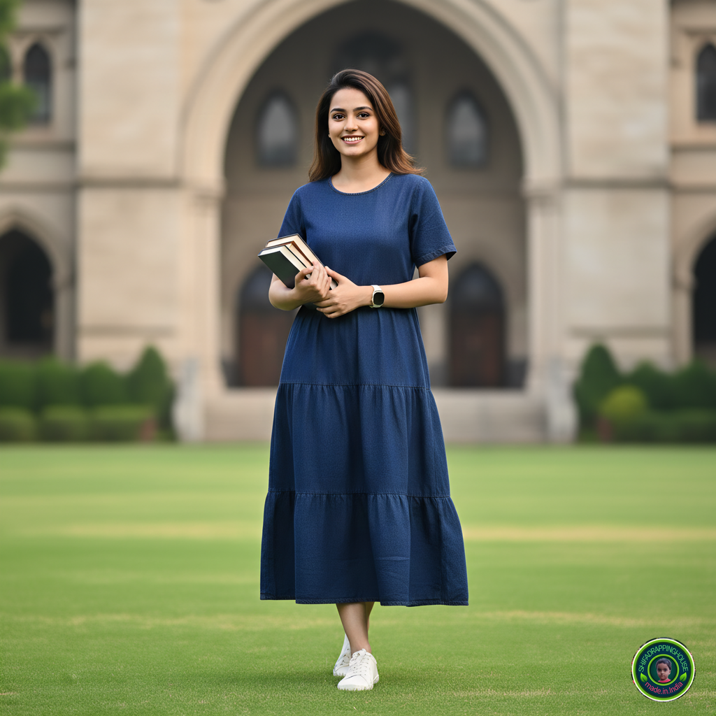 Sophisticated Navy Denim Summer Midi – Triple Flare with Hidden Back Zip