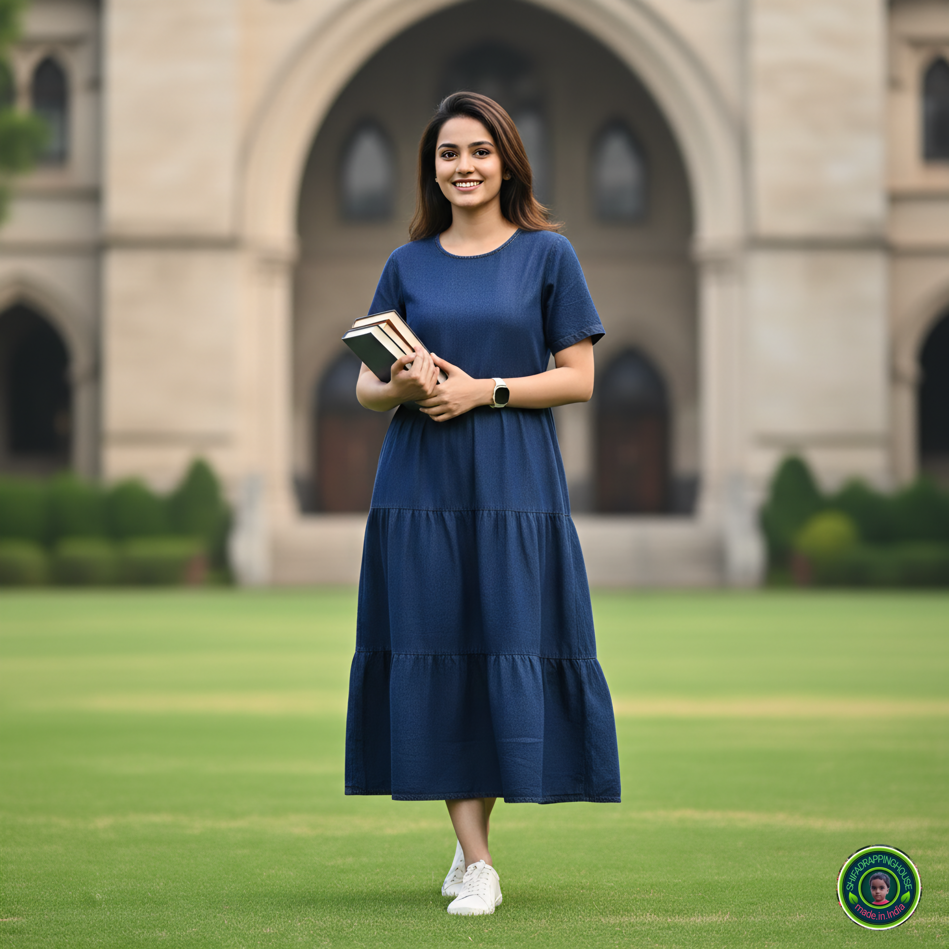 Sophisticated Navy Denim Summer Midi – Triple Flare with Hidden Back Zip