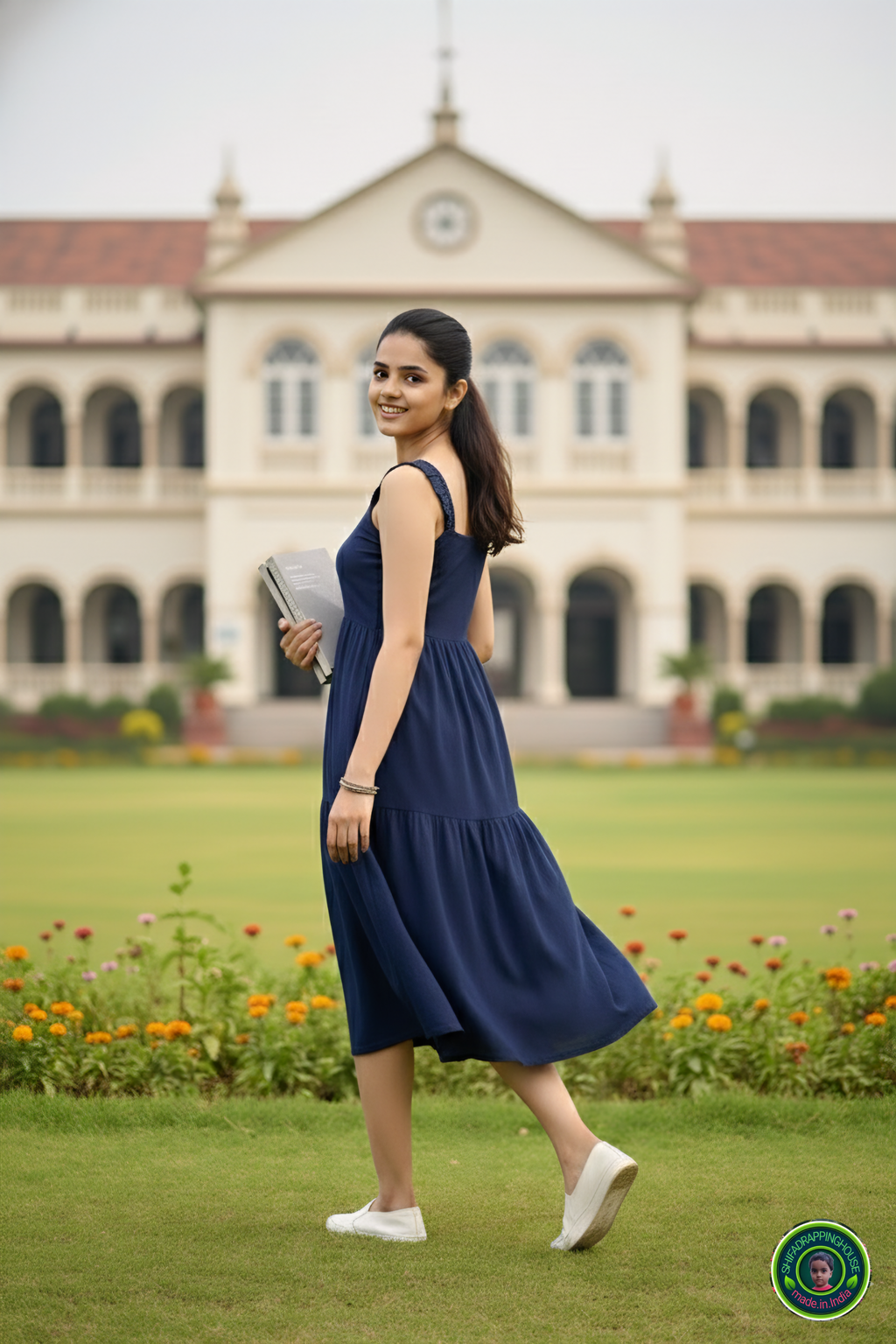 Luxury Navy Blue Denim Tiered Midi with Gathered Shoulder Straps