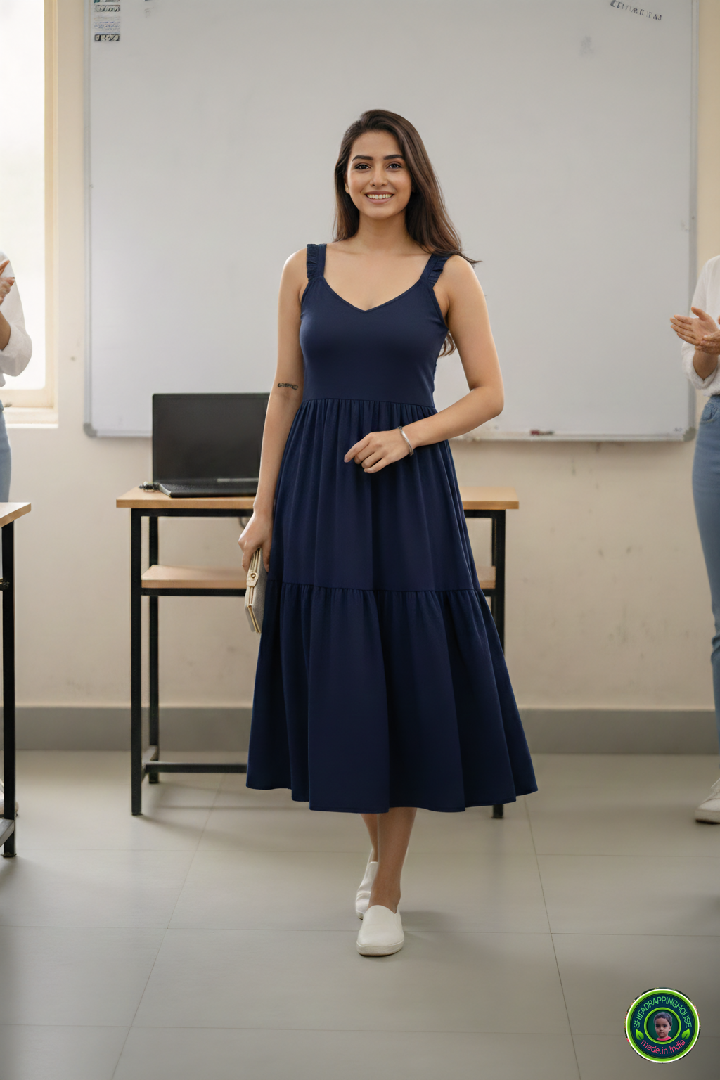 Luxury Navy Blue Denim Tiered Midi with Gathered Shoulder Straps