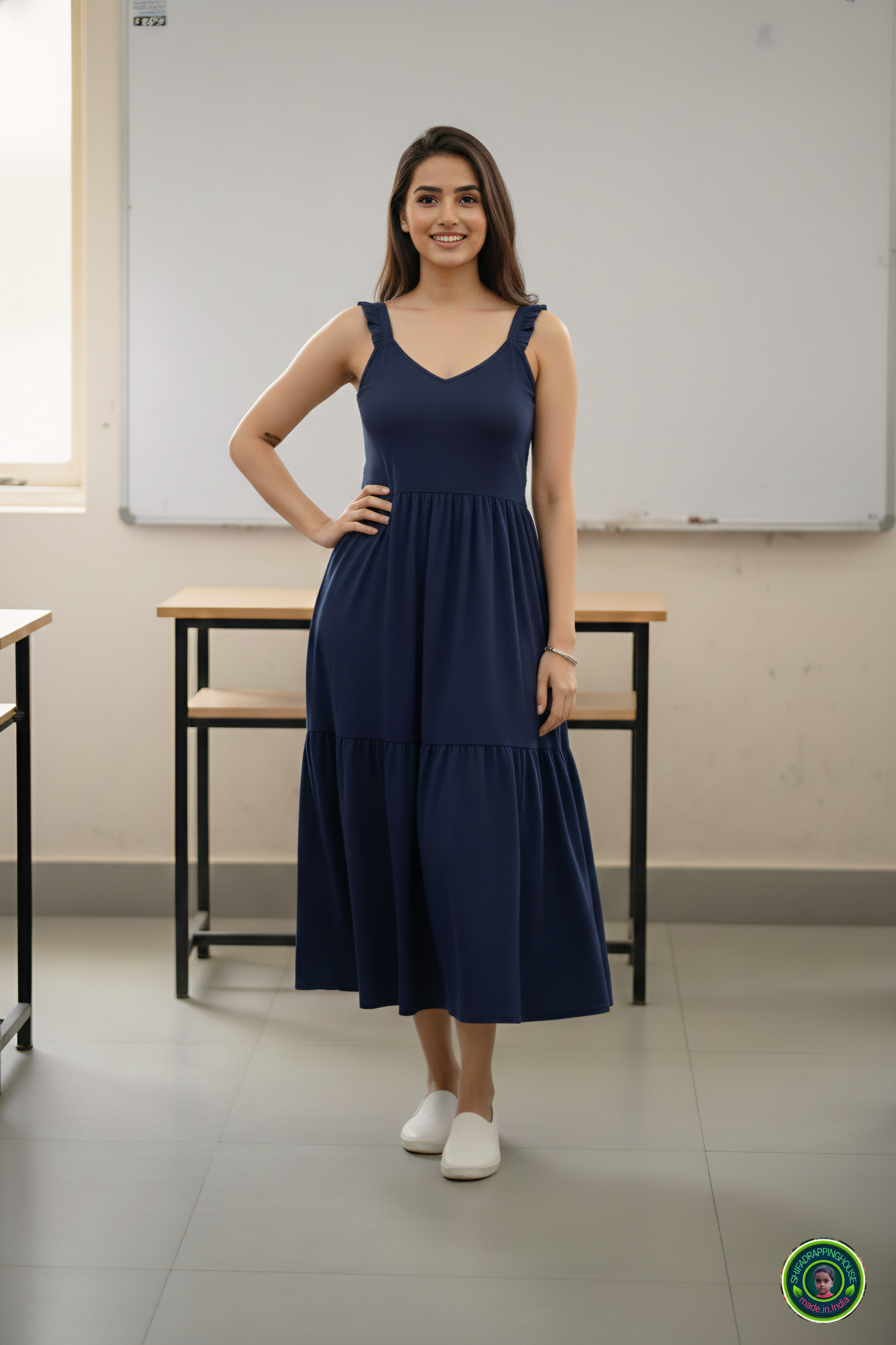 Luxury Navy Blue Denim Tiered Midi with Gathered Shoulder Straps