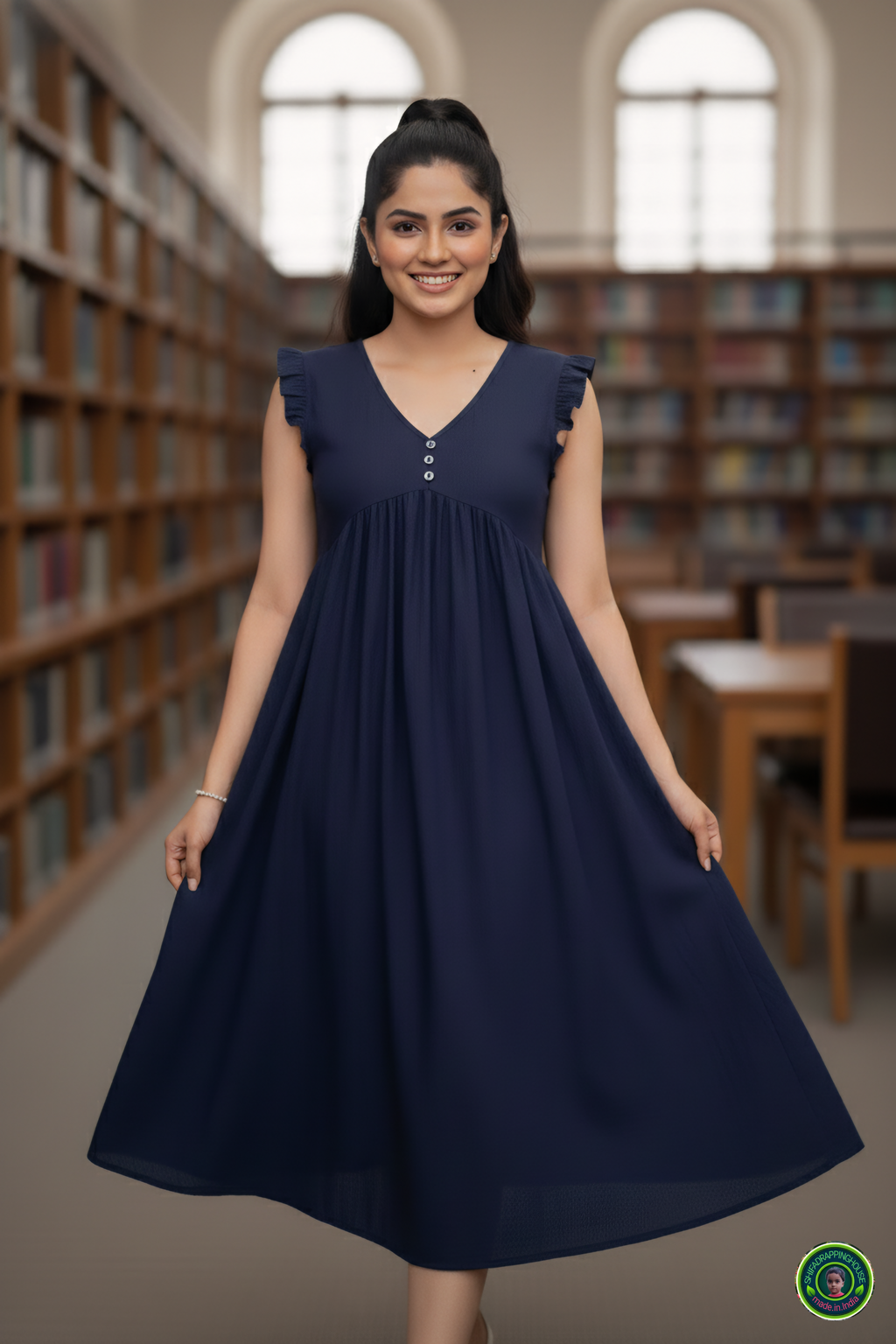Exclusive Navy Blue Denim Sleeveless Midi with Frilled Detailing