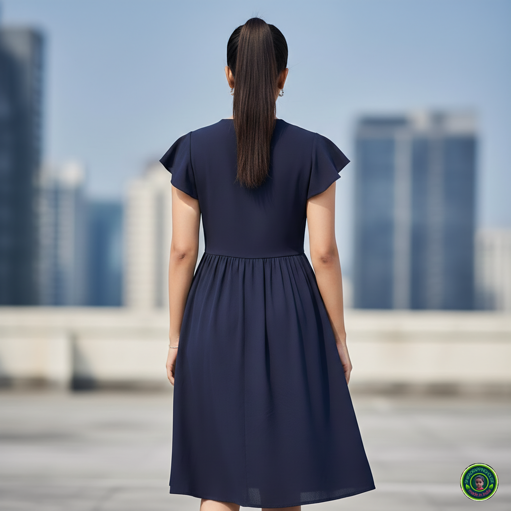 Shifa Drapping House: Chic Denim Midi Dress with Gathered Waist & Pockets