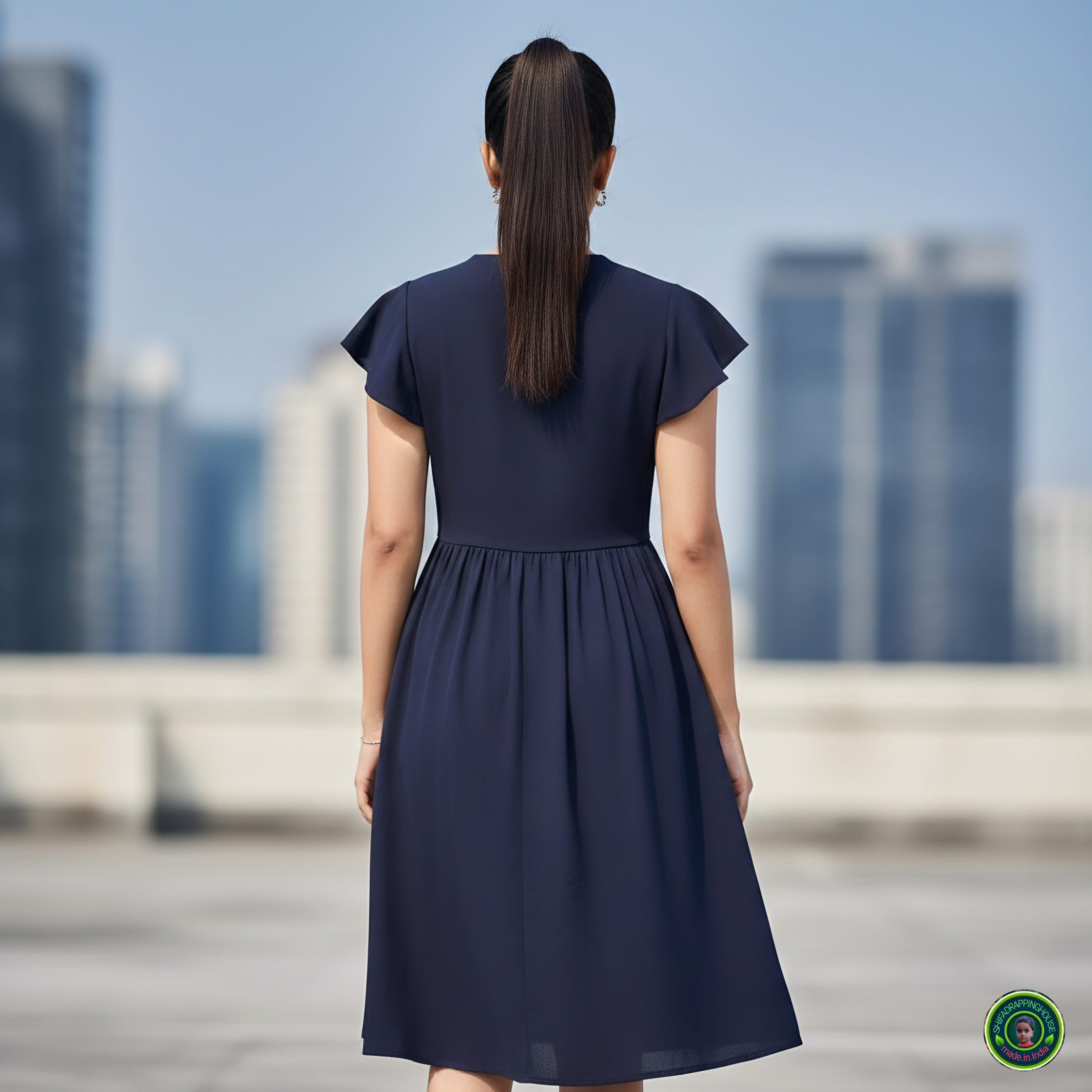 Shifa Drapping House: Chic Denim Midi Dress with Gathered Waist & Pockets